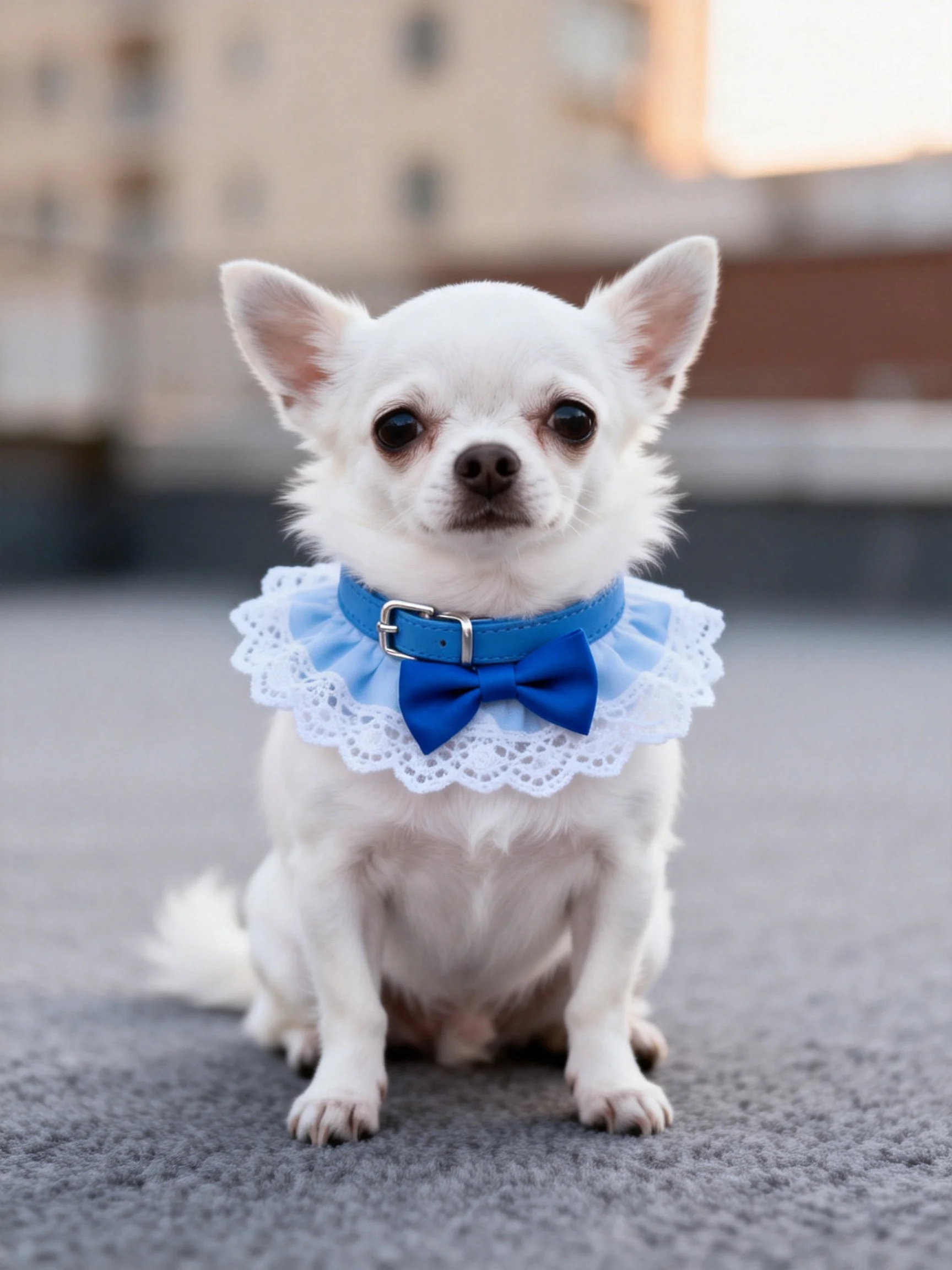A small white dog wearing a blue lace collar with a bow tie sits outside near buildings.