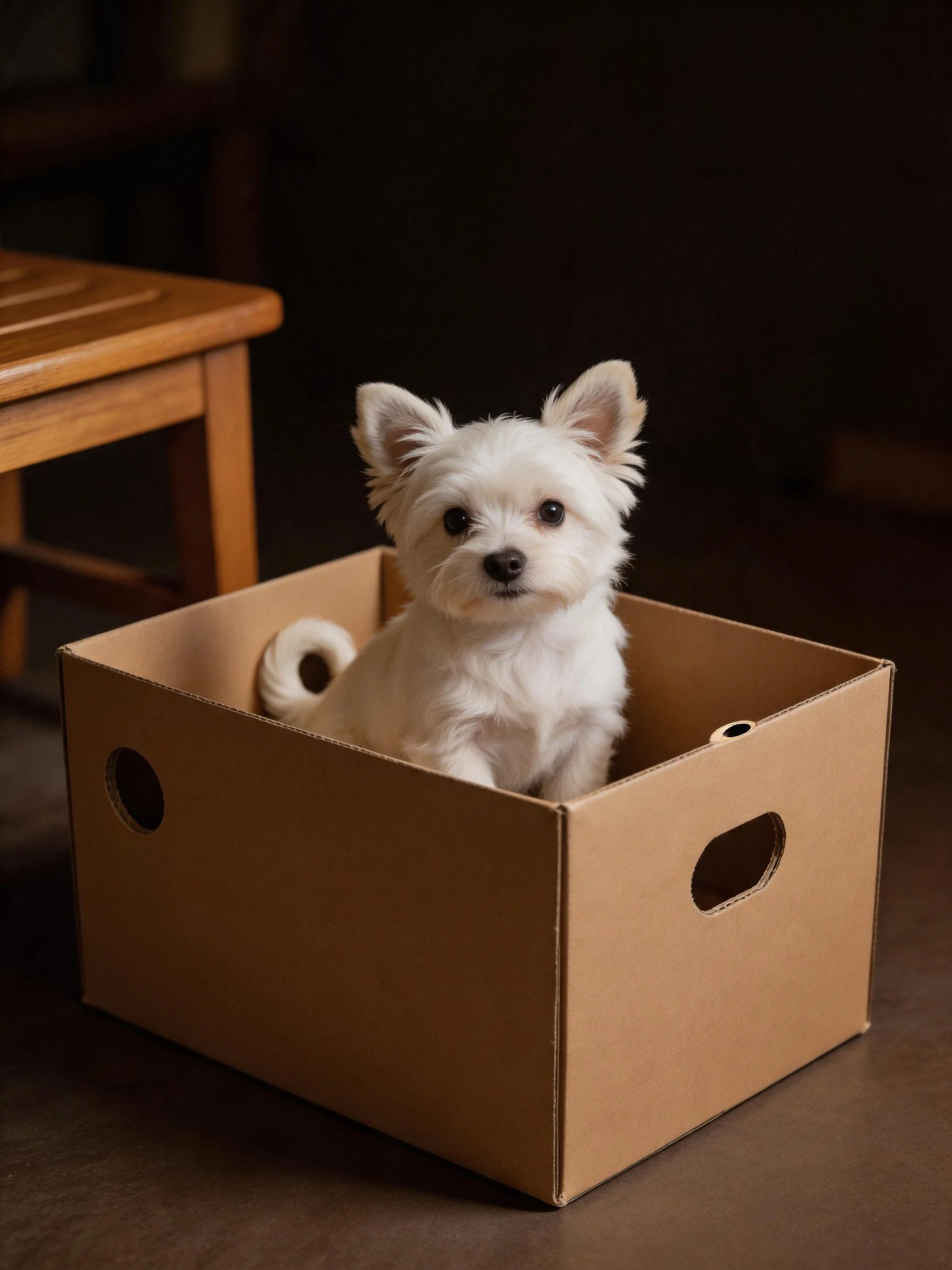 A small white dog sits inside a brown cardboard box beside a wooden stool.
