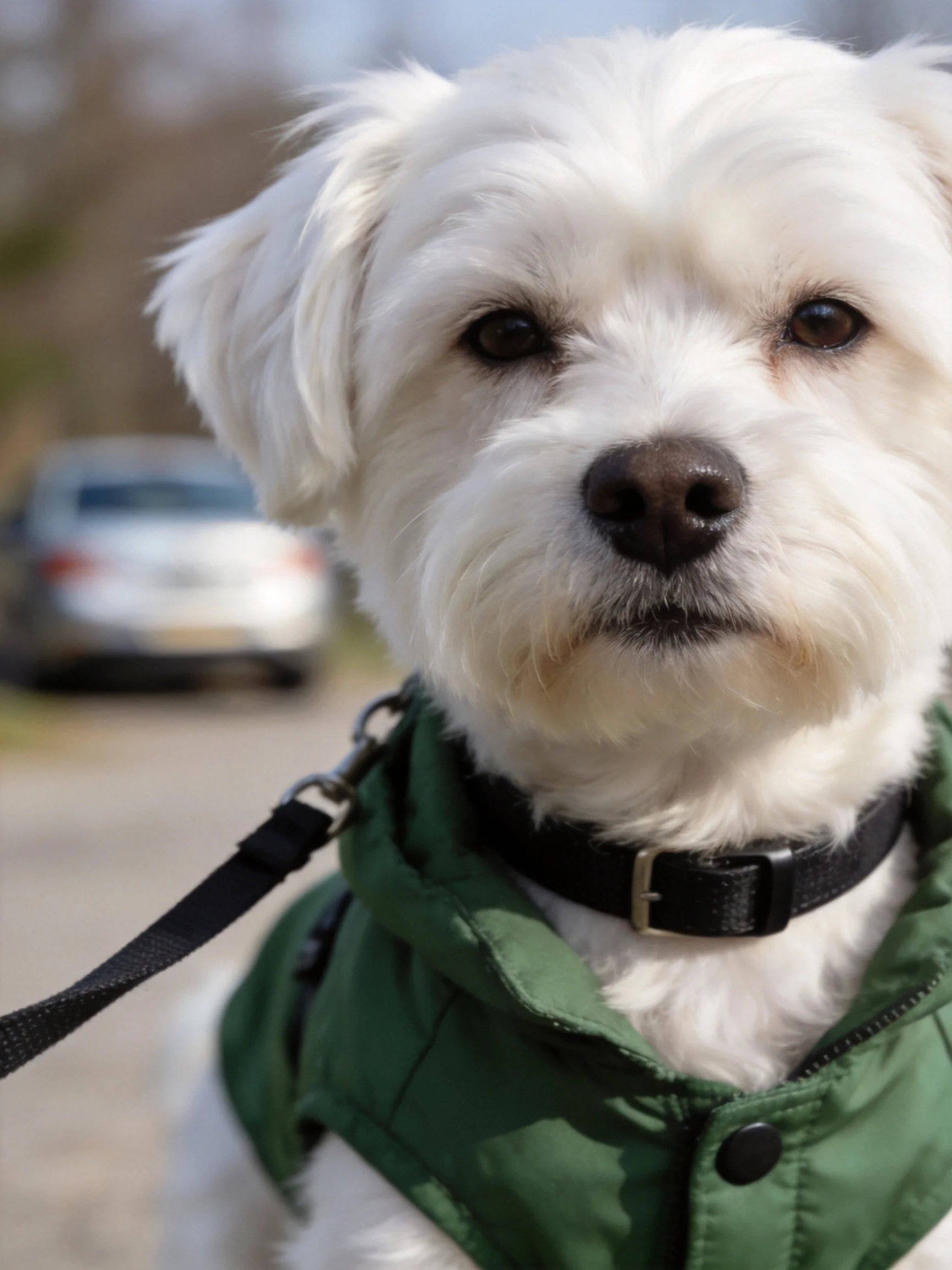 Small white dog in green jacket with black collar outdoors