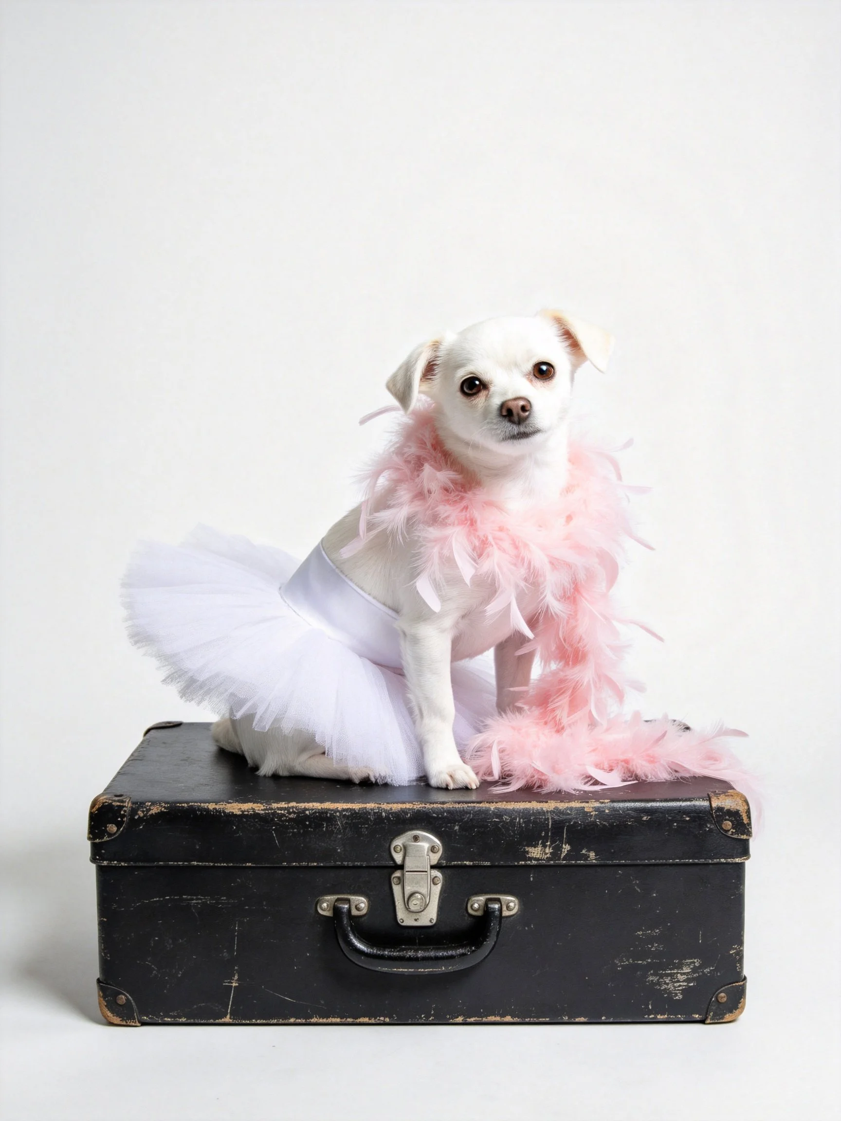 Small white dog in pink feather boa and white tutu sits on old suitcase.