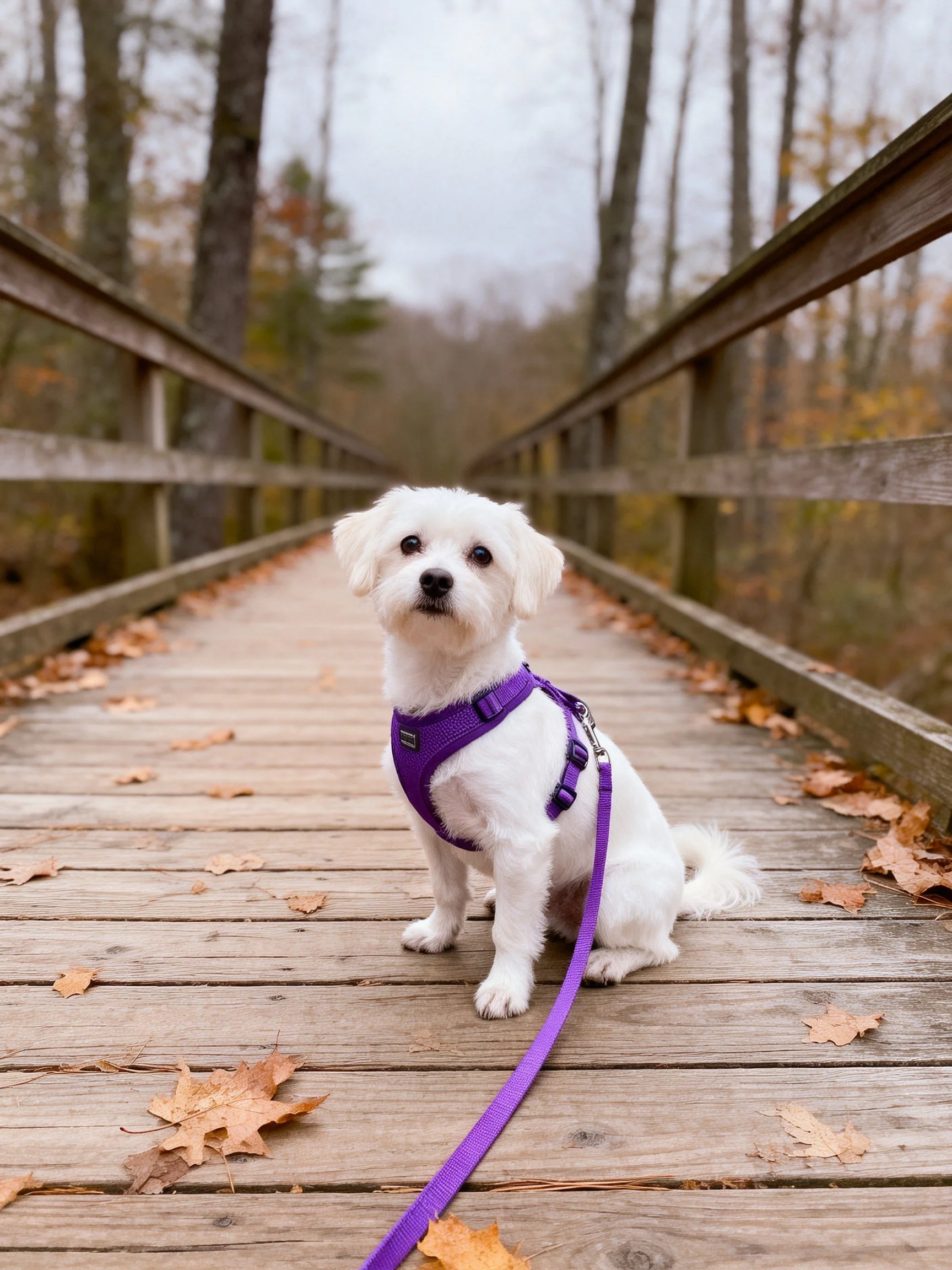 A small white dog with a purple harness sits on a wooden bridge among autumn leaves