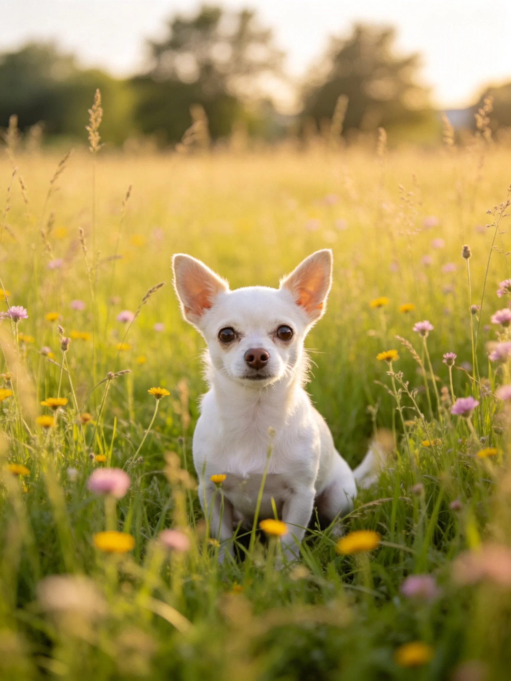 A small white dog sits among tall grass and colorful wildflowers in a sunlit meadow.