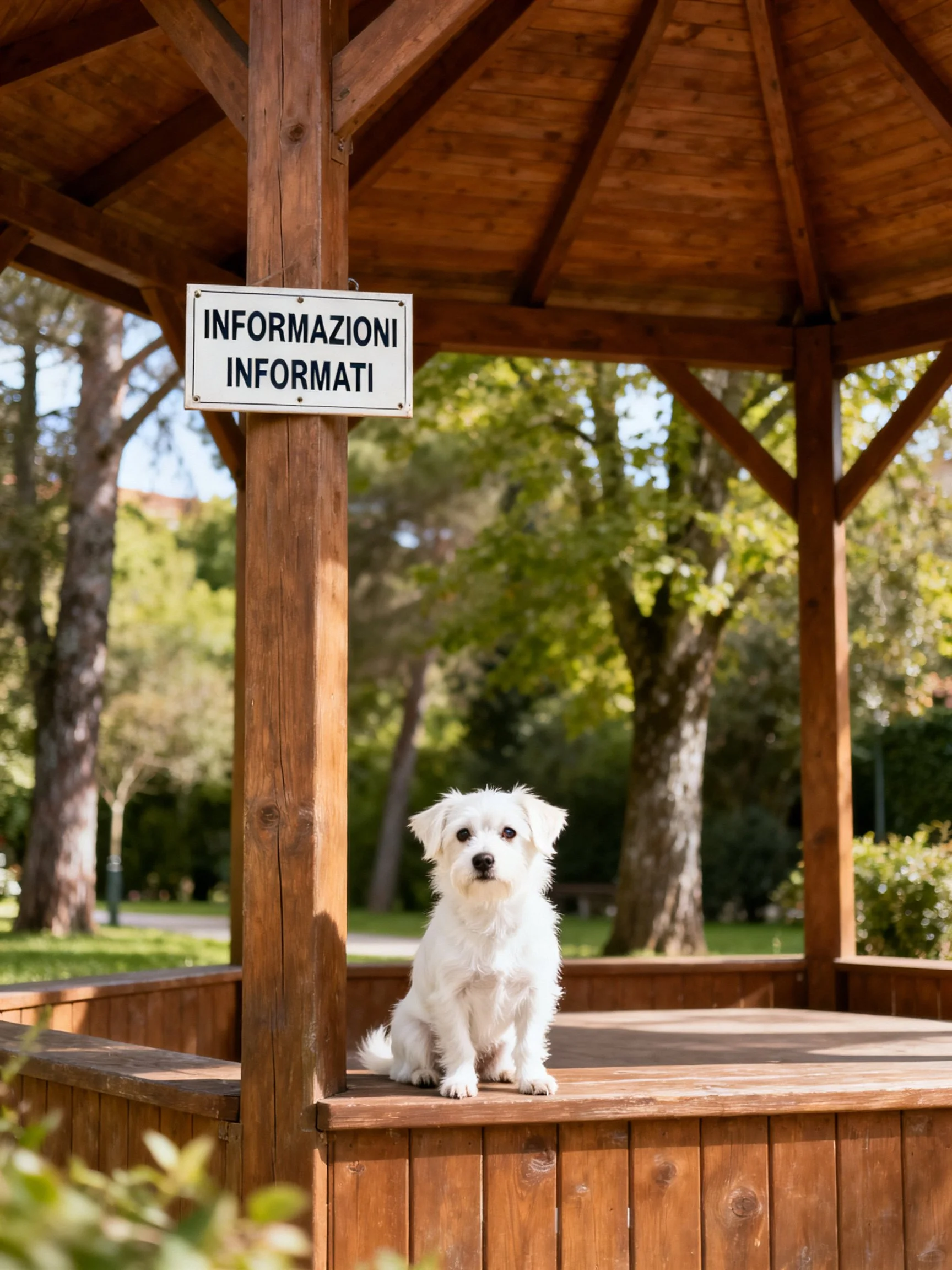 A small white dog sits in a wooden gazebo near an Italian information sign in a sunny park.