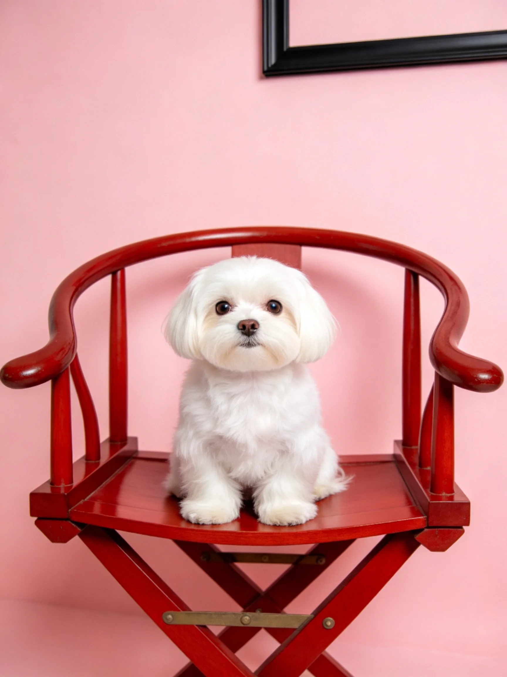A small white dog sits on a bright red chair with pink walls nearby.