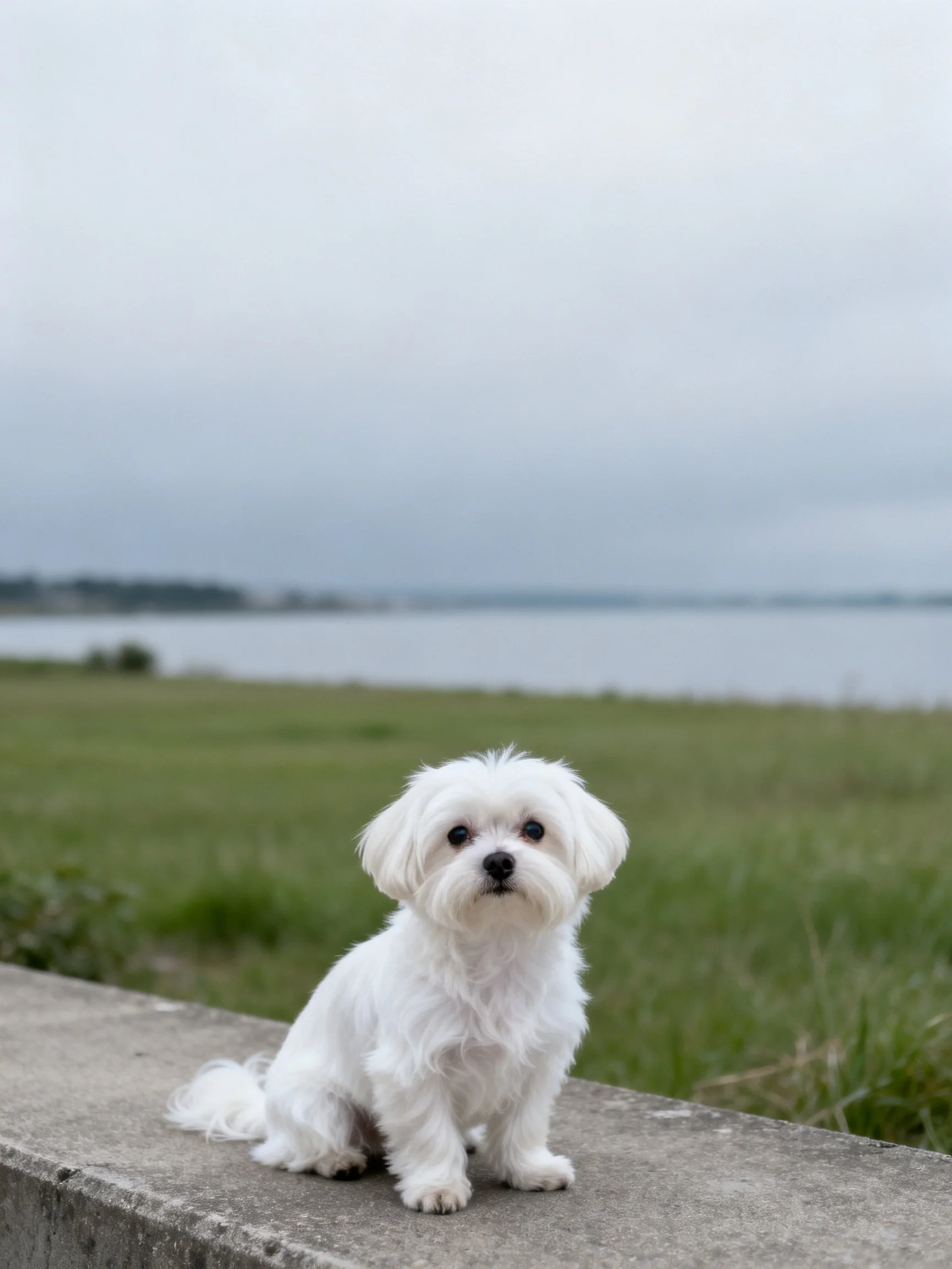 A small white dog sits on a concrete ledge with a grassy field and water in the background.