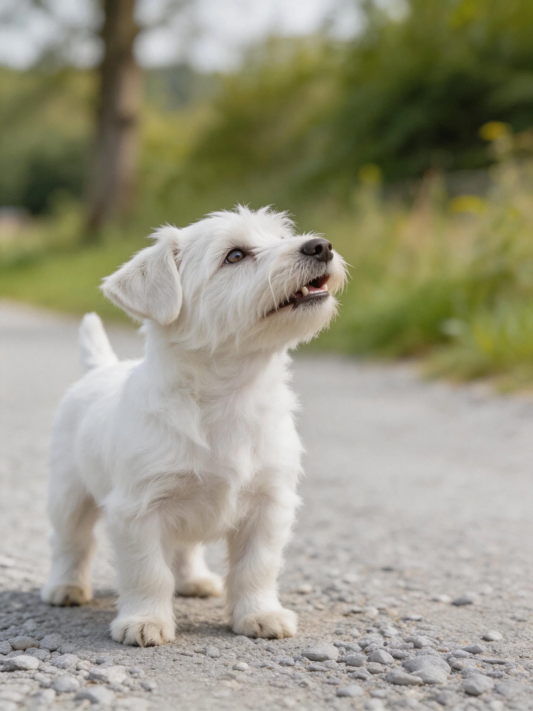 A small white dog gazes upward while standing on a gravel path outside.