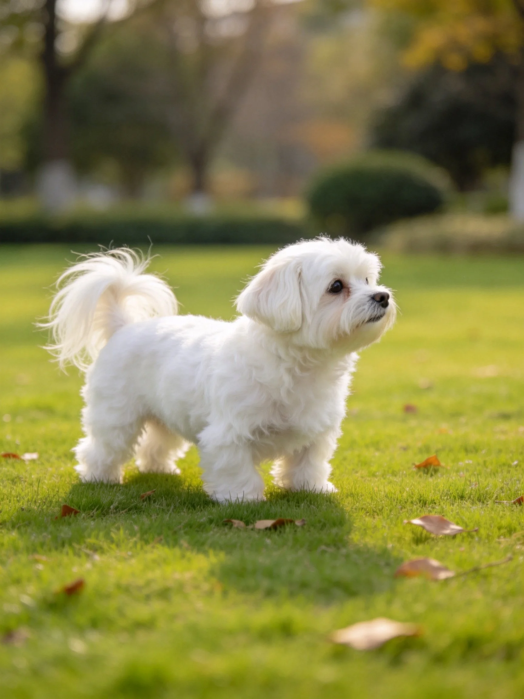 A small white dog stands on green grass amid scattered leaves and trees.