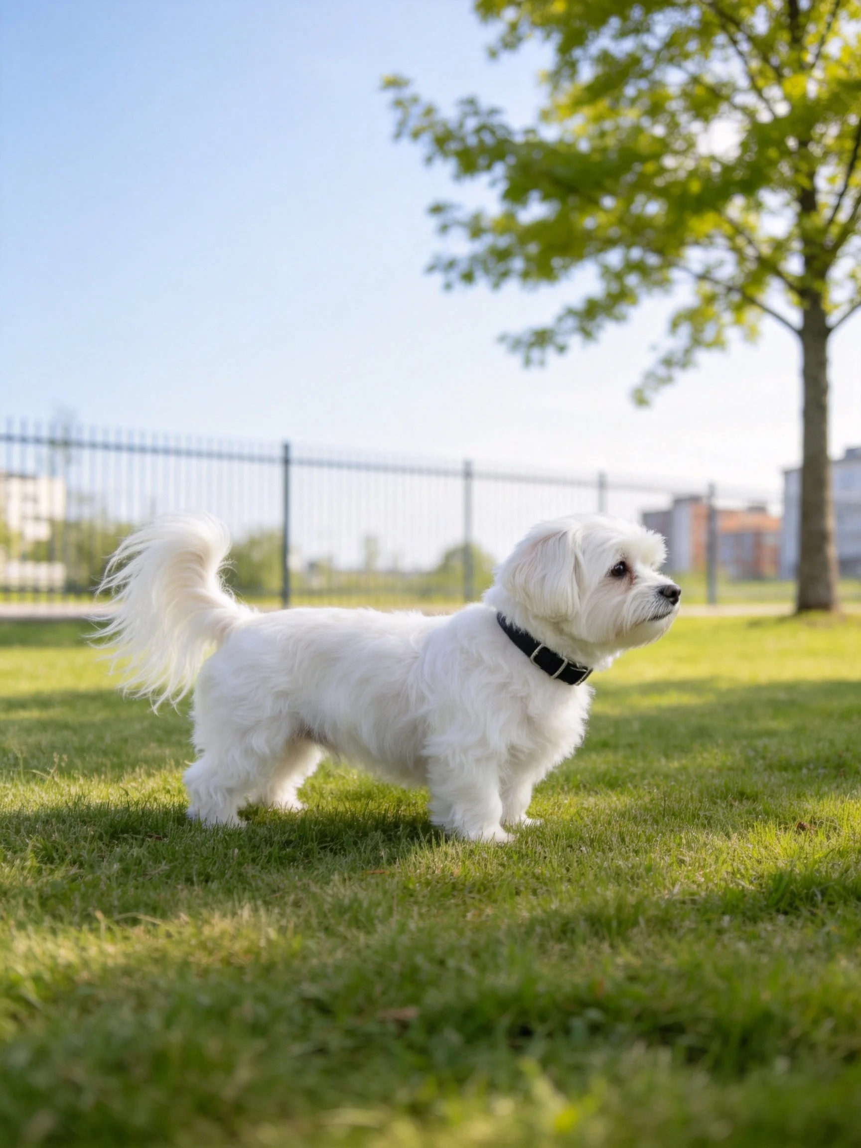 A small white dog stands on grass in a sunny park with trees and a fence.