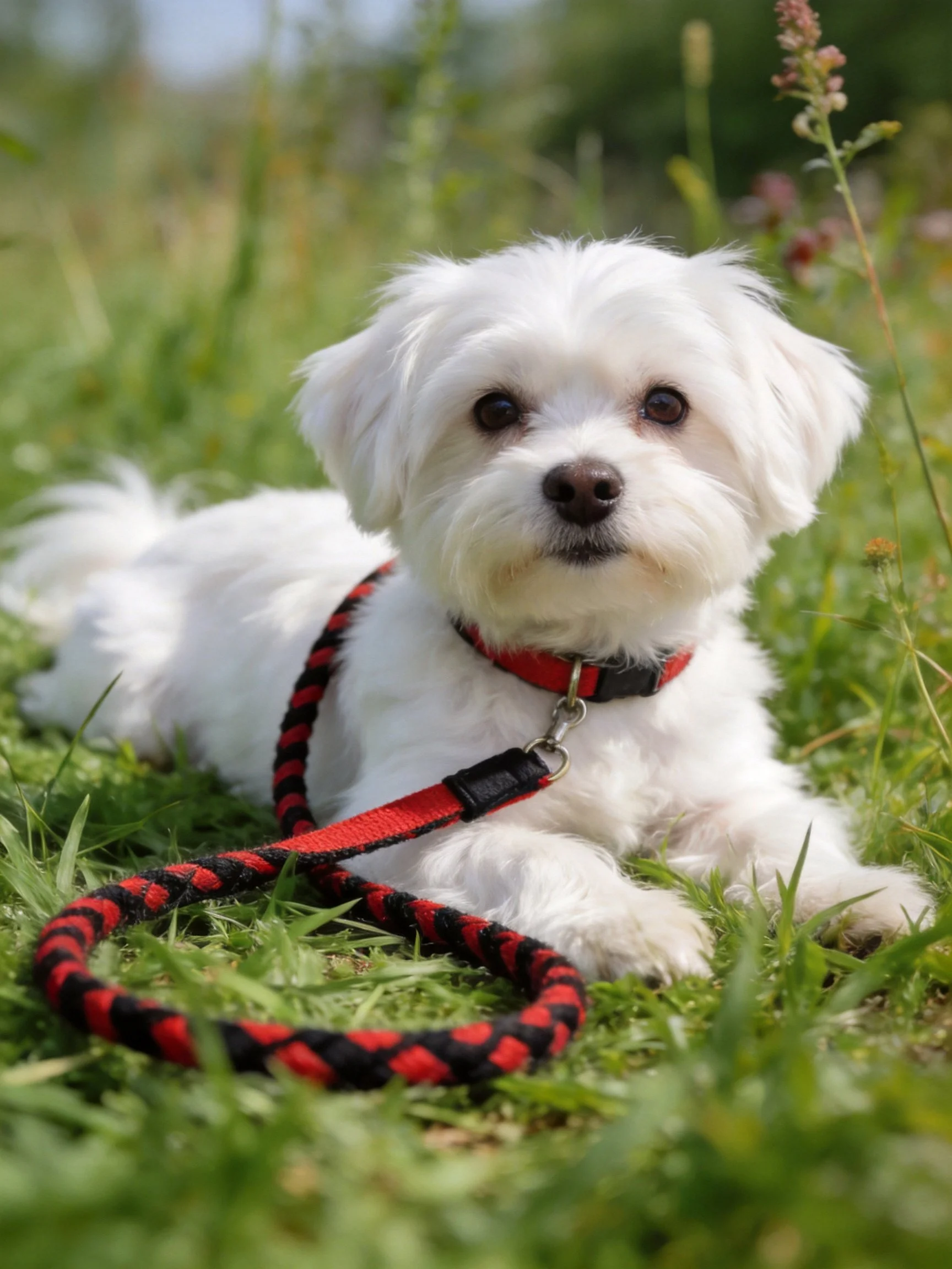 A small white dog lies on grass with a red and black leash.