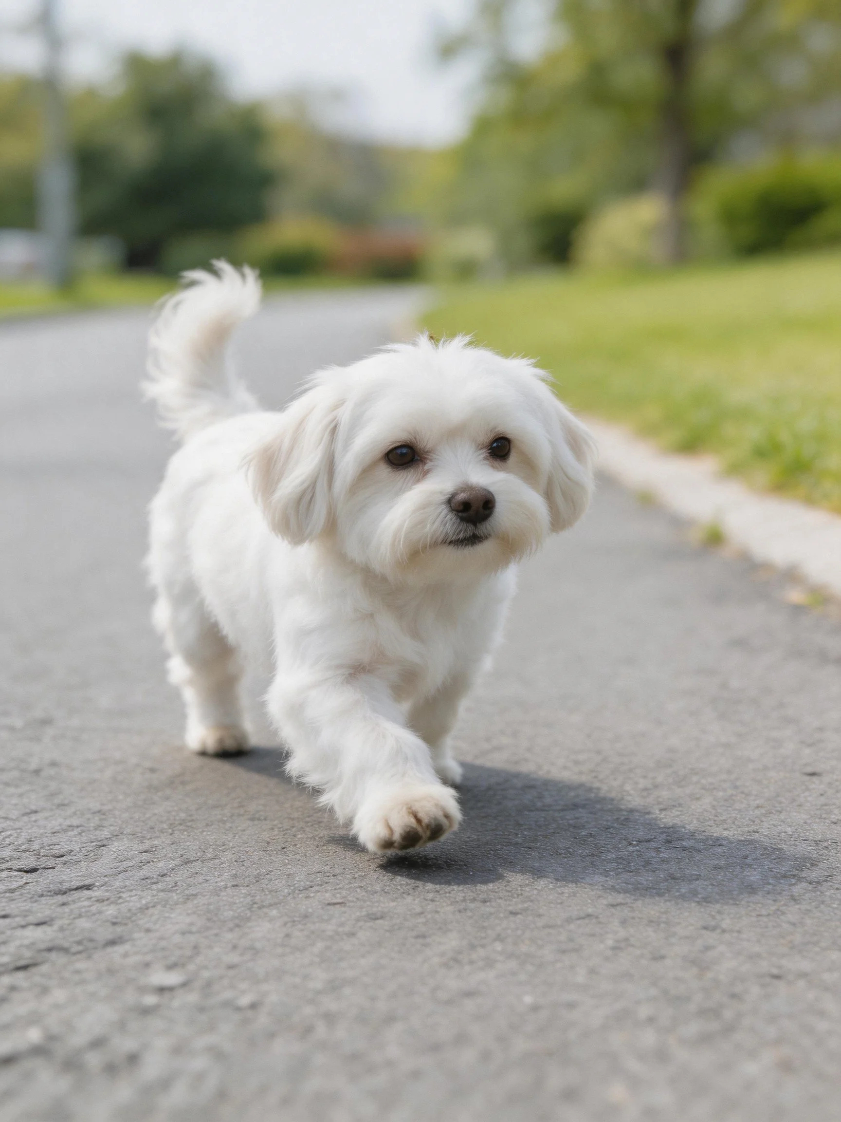 Small white dog trotting on paved path near green surroundings