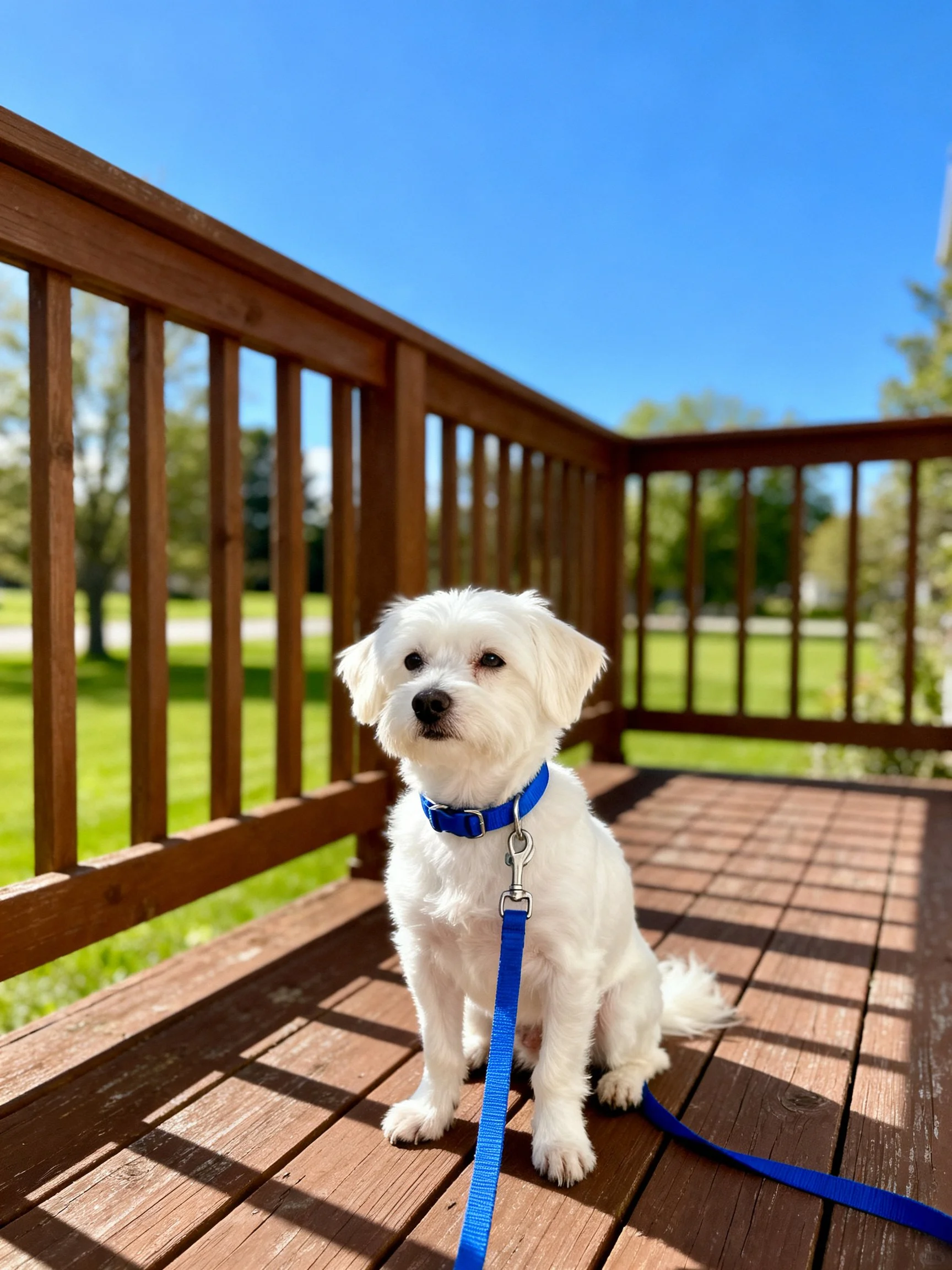 Small white dog with blue leash on wooden deck