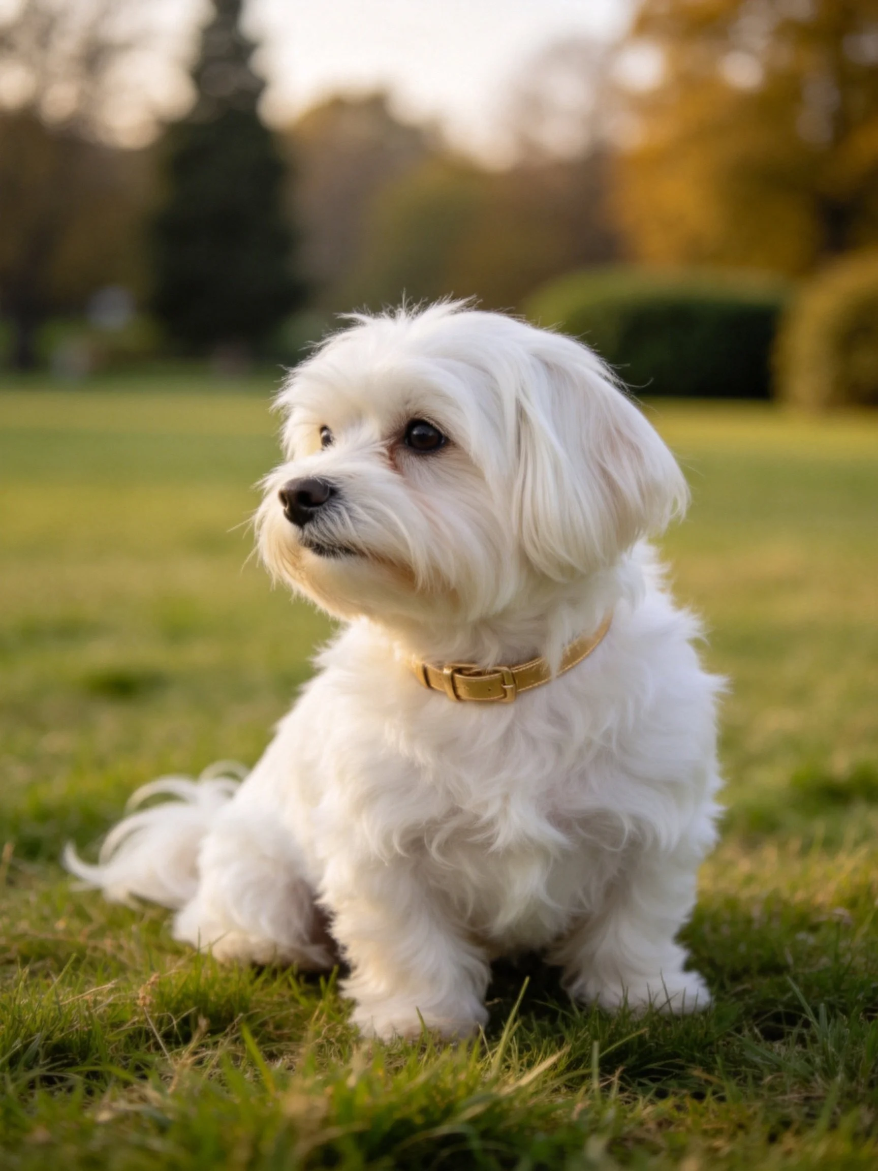 A small white dog with a golden collar sits on grass in an outdoor park.