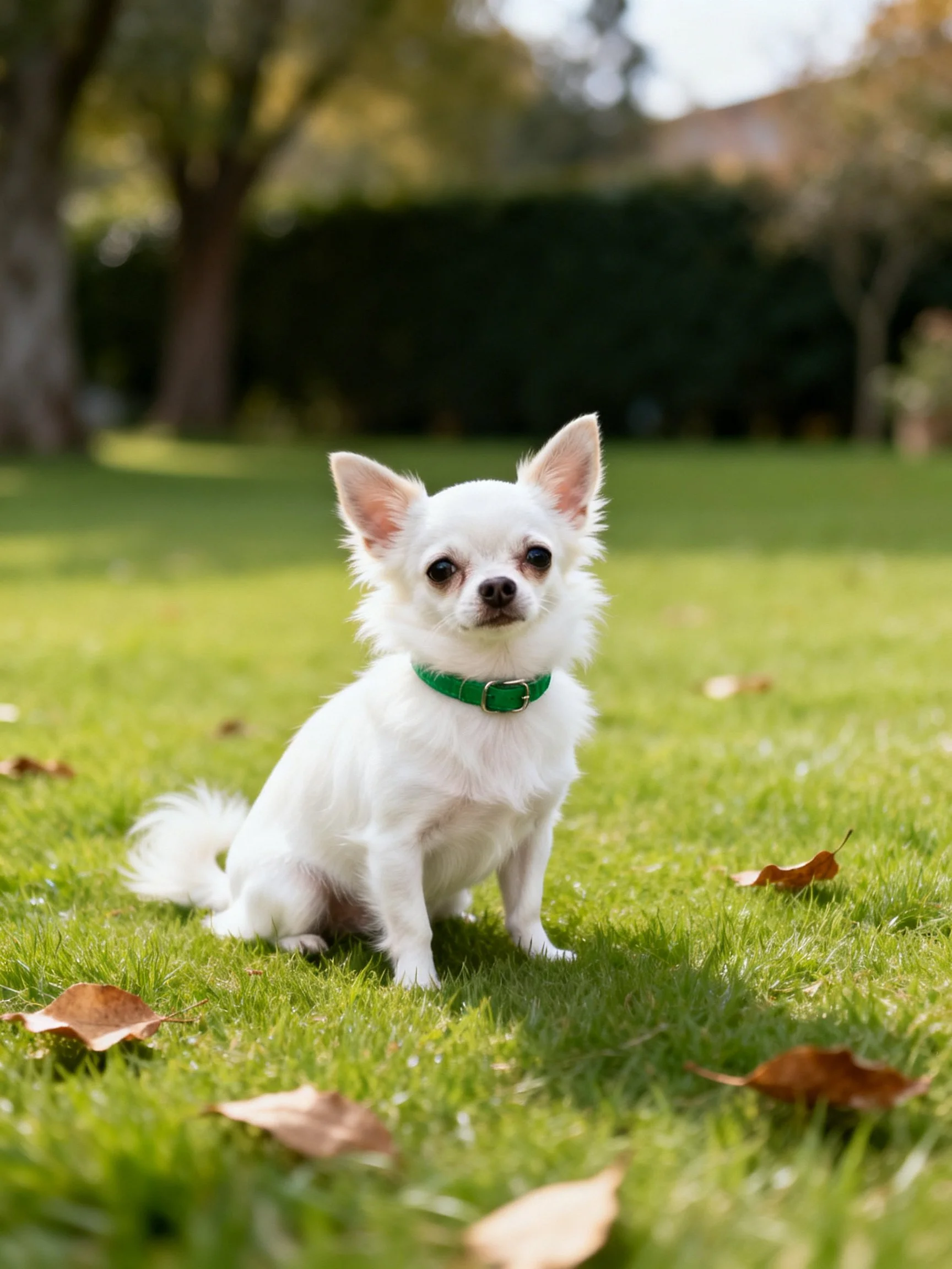 A small white dog with a green collar sits on grass amid scattered leaves in an outdoor area.