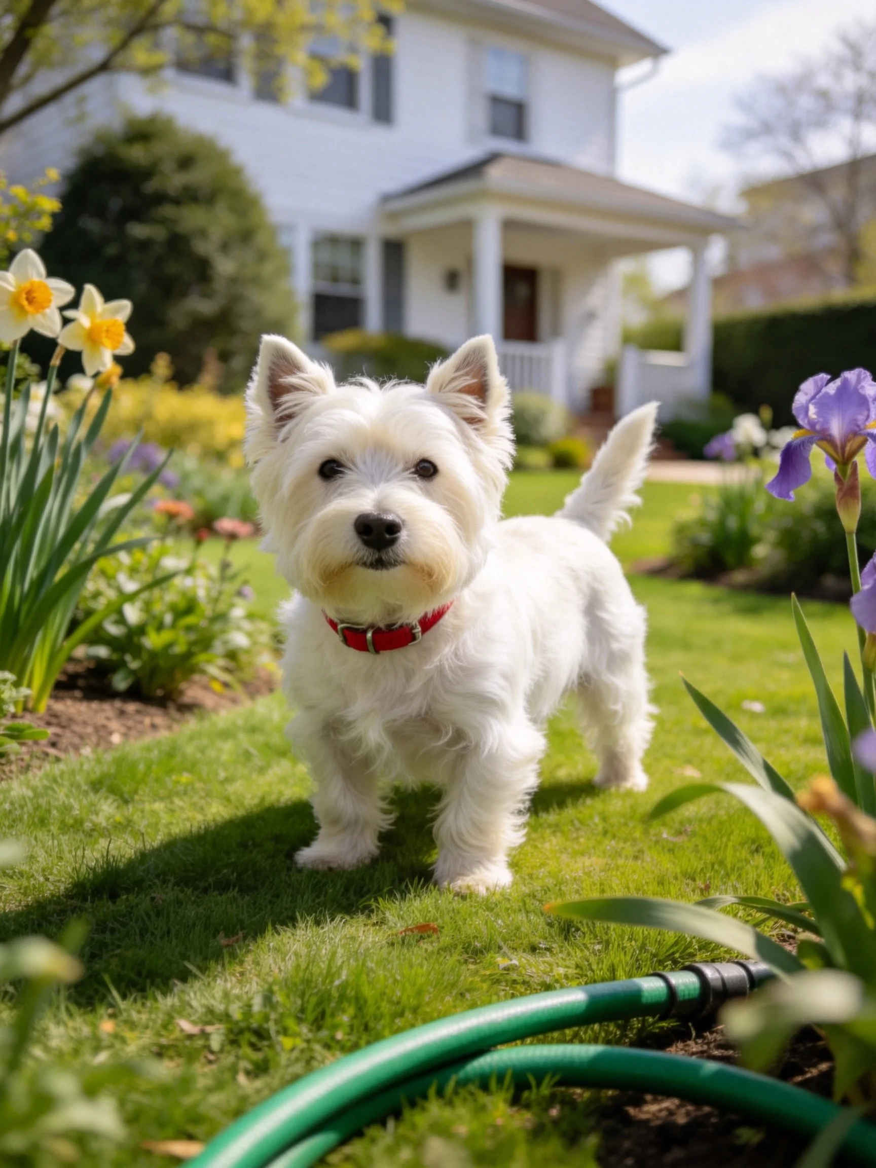A small white dog stands in flowers in a residential garden.