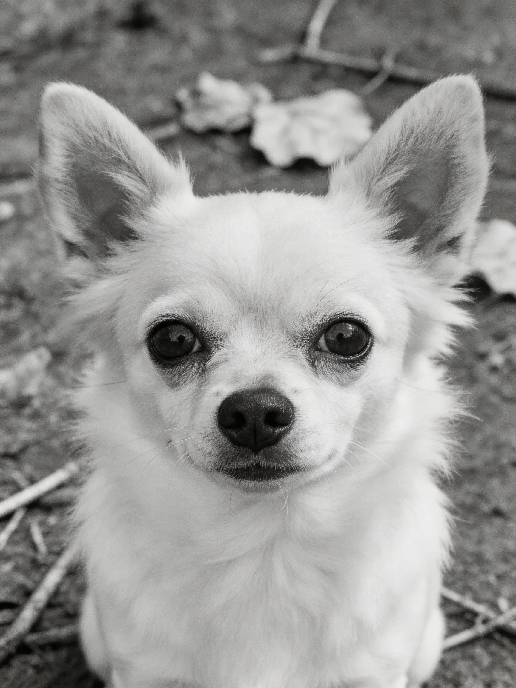A small white dog looks directly at the camera in a black and white photograph.