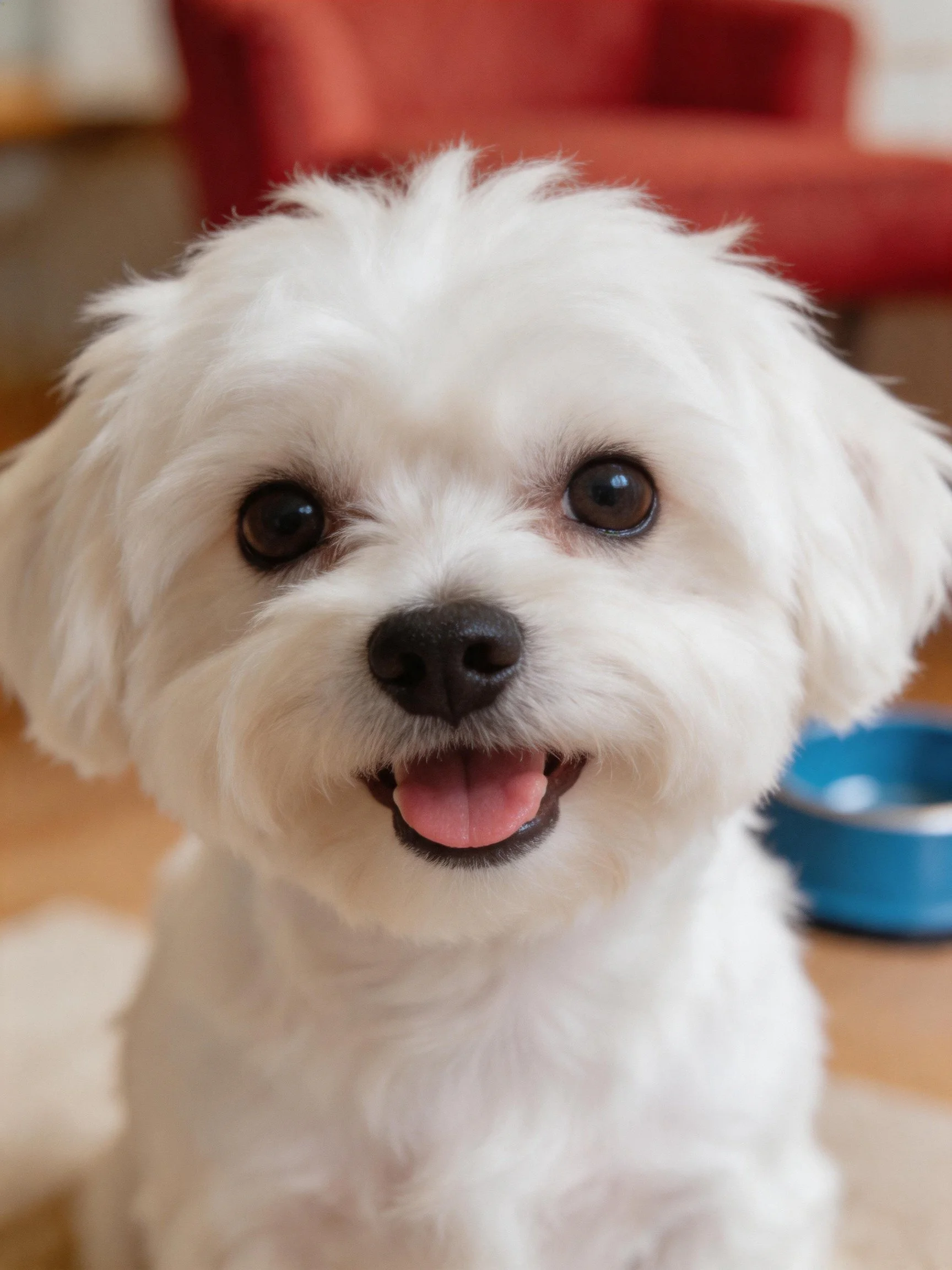A small white fluffy dog smiles happily indoors.