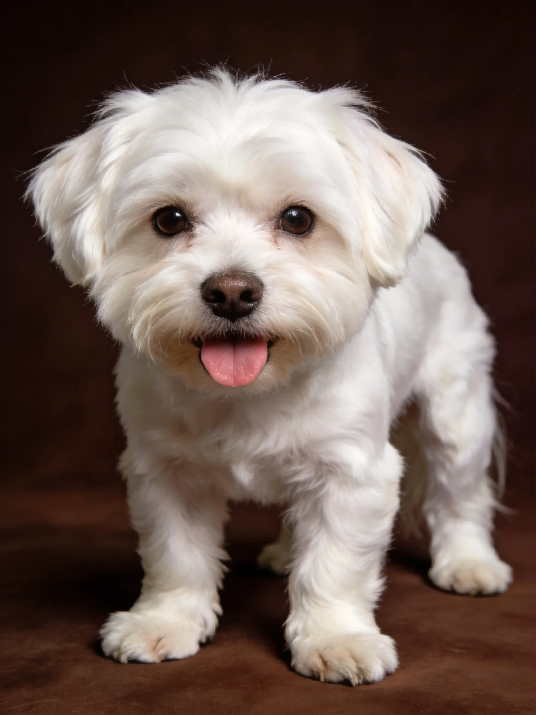 Small white fluffy dog standing on brown surface