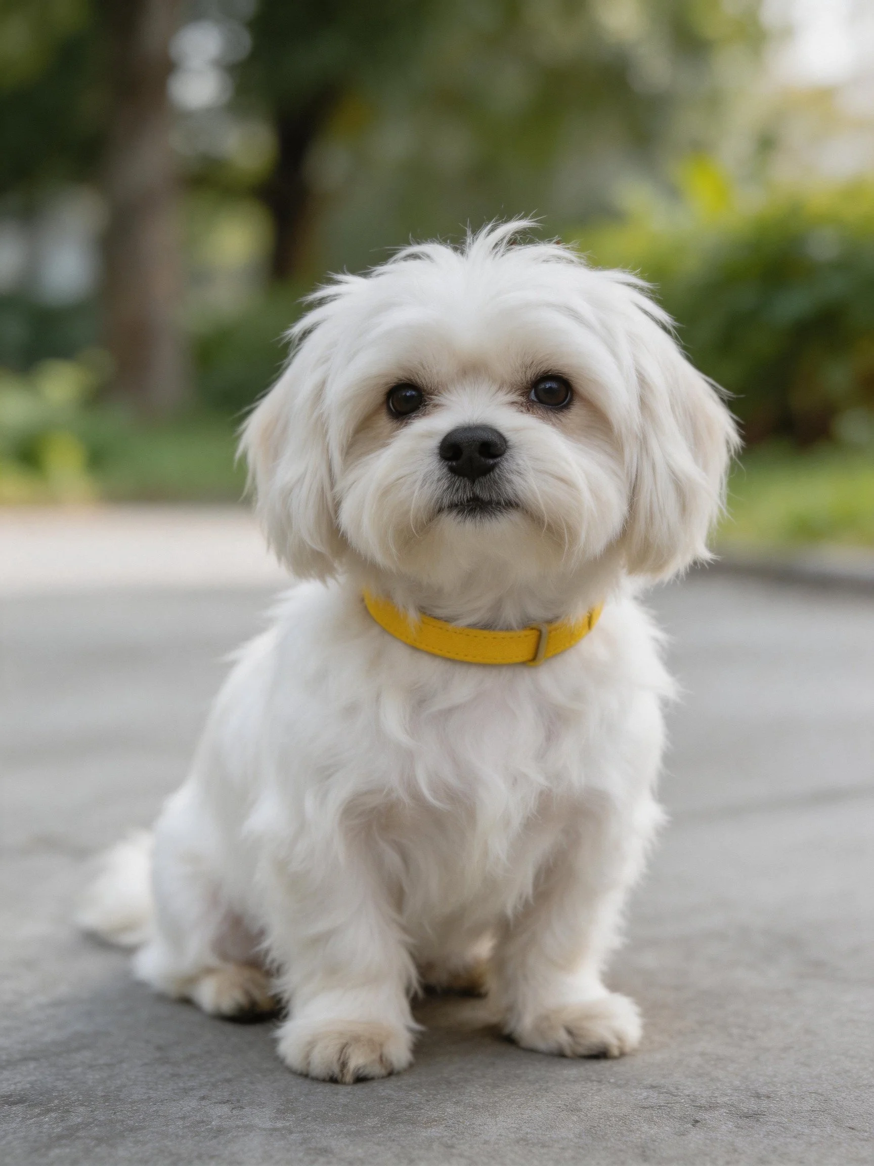 A small white dog with a yellow collar sits on pavement near greenery.