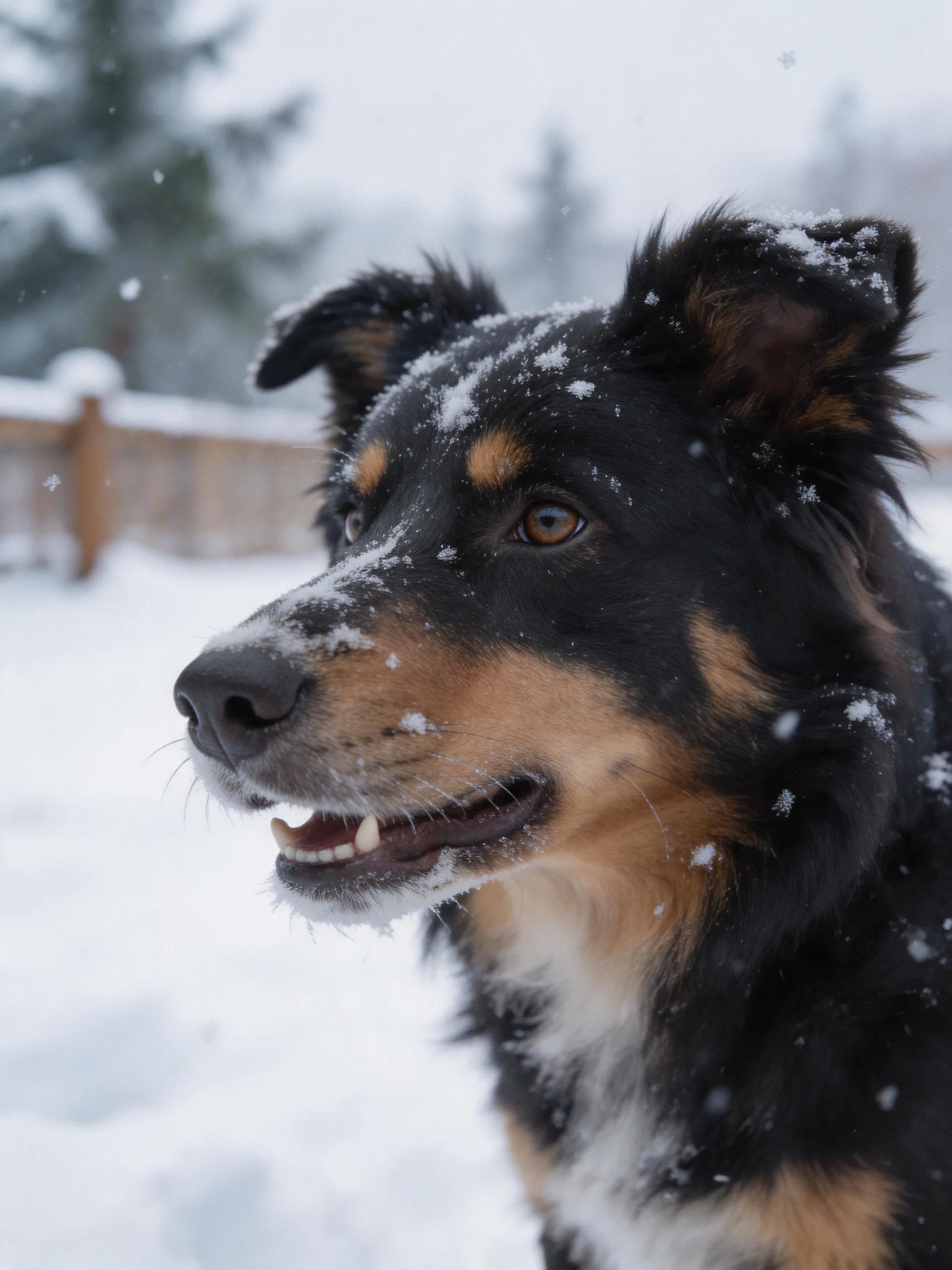 A black and tan dog with snow on its coat in a snowy outdoor area.
