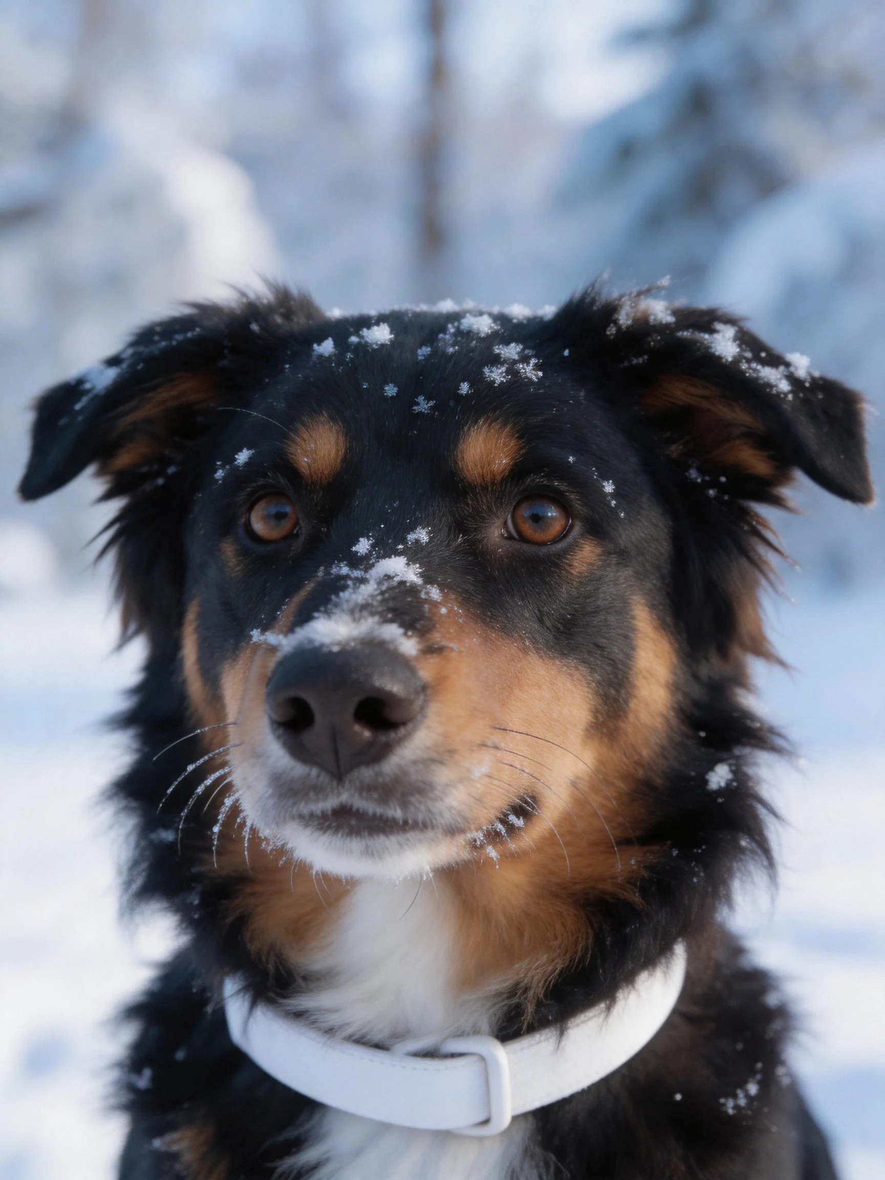 A tricolor dog with snowflakes is depicted in a snowy outdoor setting.