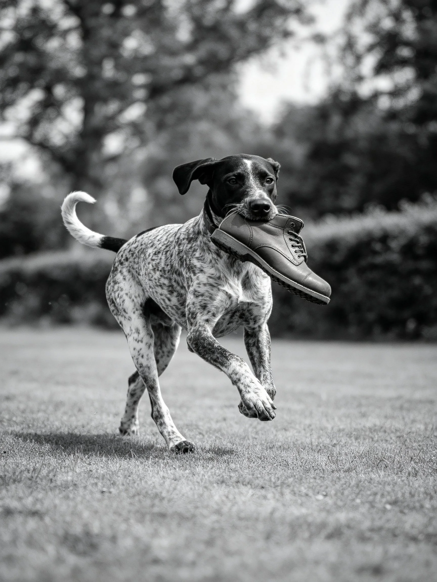 Spotted dog runs with shoe in grassy field