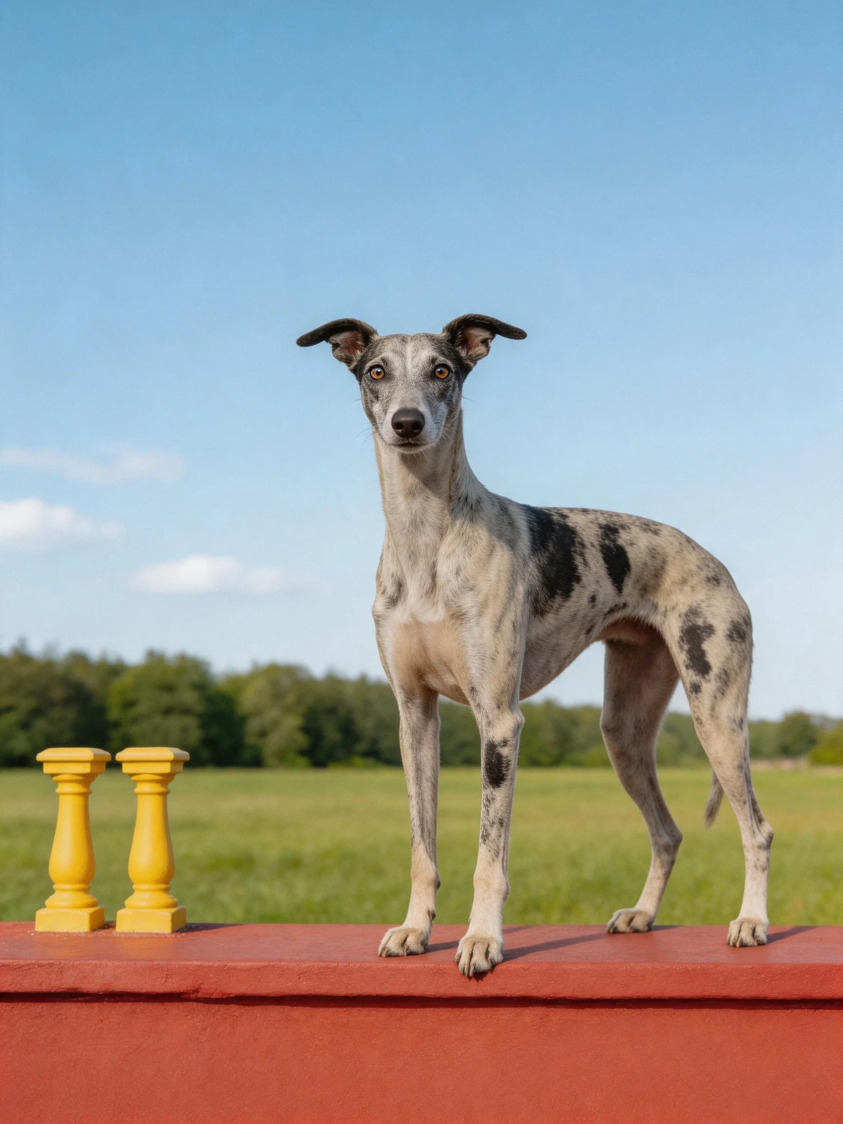 Spotted dog stands on red ledge beside yellow pillars in sunny landscape