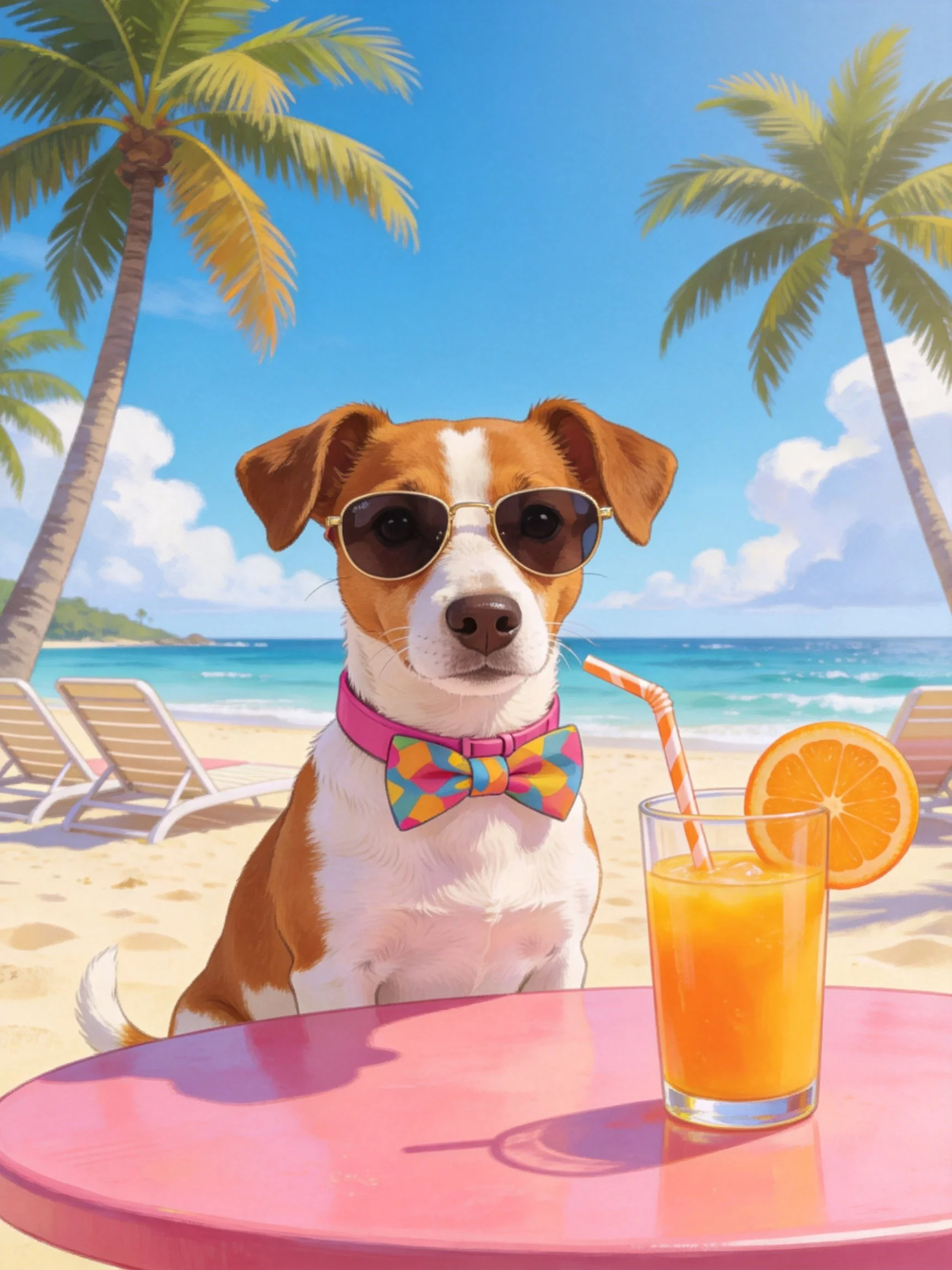 A dog in sunglasses and accessories relaxes at a tropical beach with a beverage.