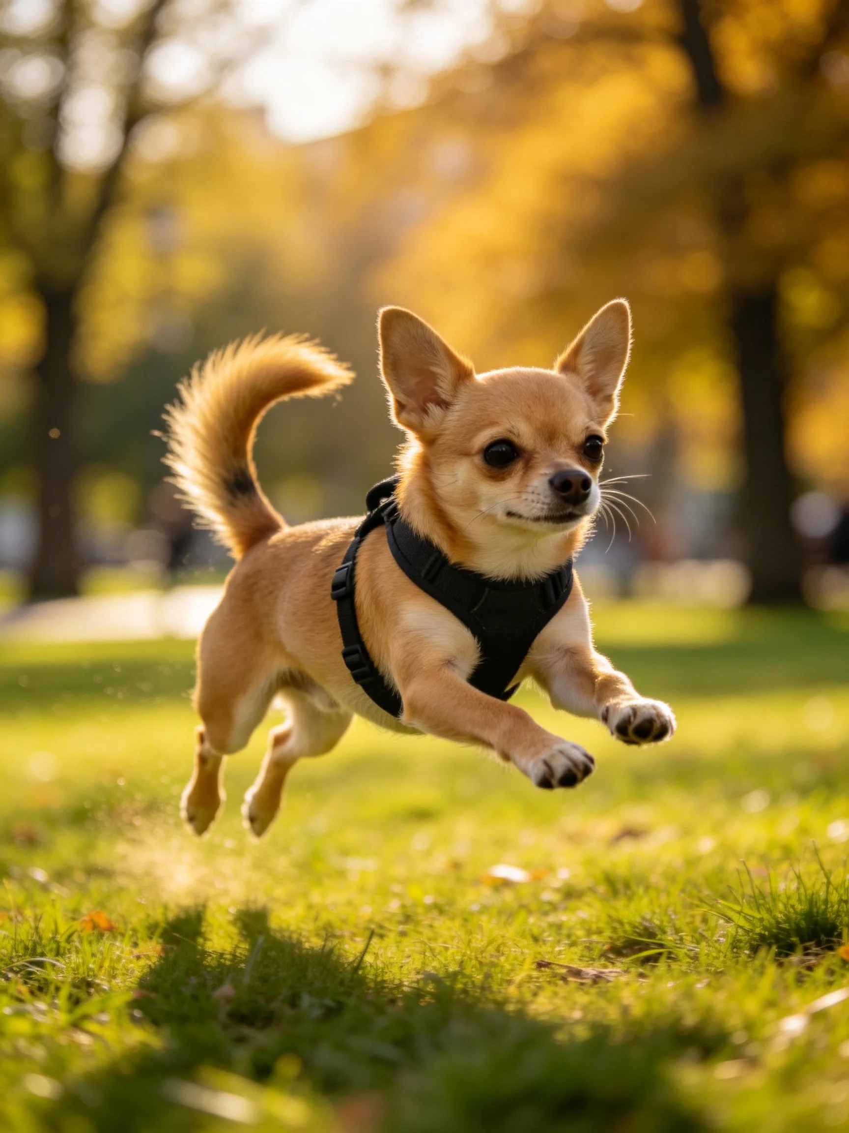 Tan Chihuahua wearing a black harness jumps dynamically in a sunlit park.