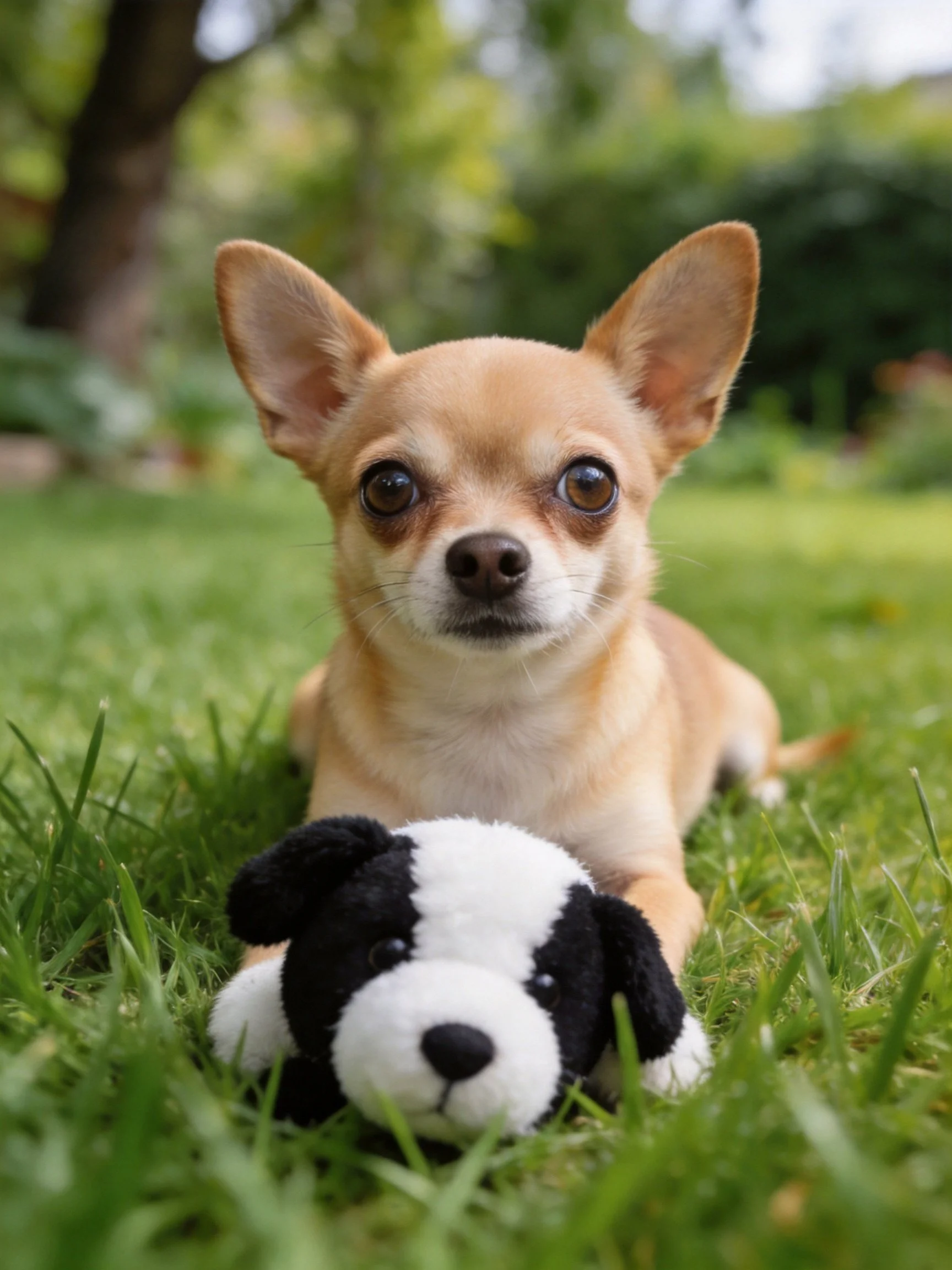 A tan Chihuahua lies on grass near a black - white stuffed dog in a sunny outdoor setting.