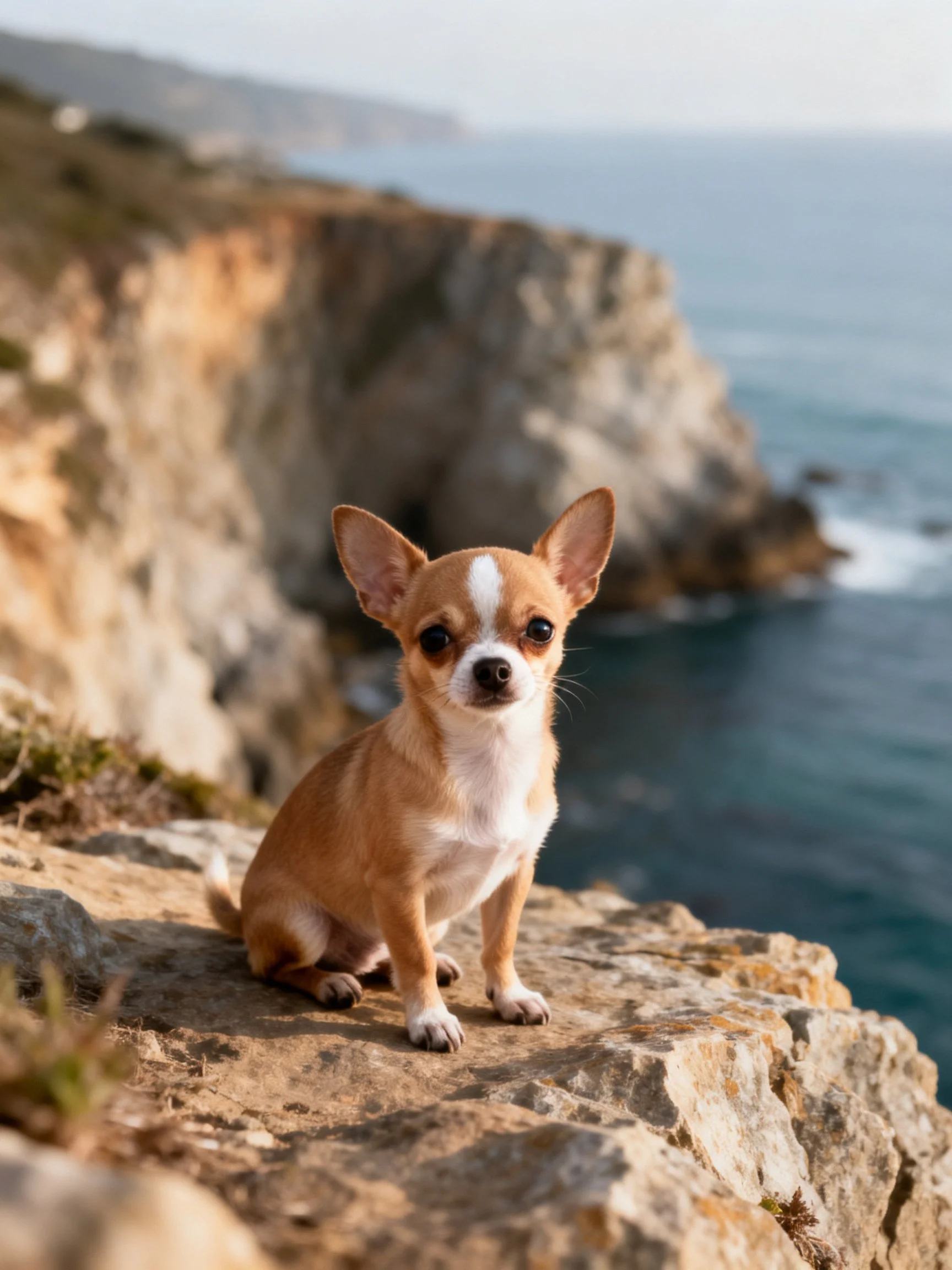 A Chihuahua sits on rocky cliffs by the sea