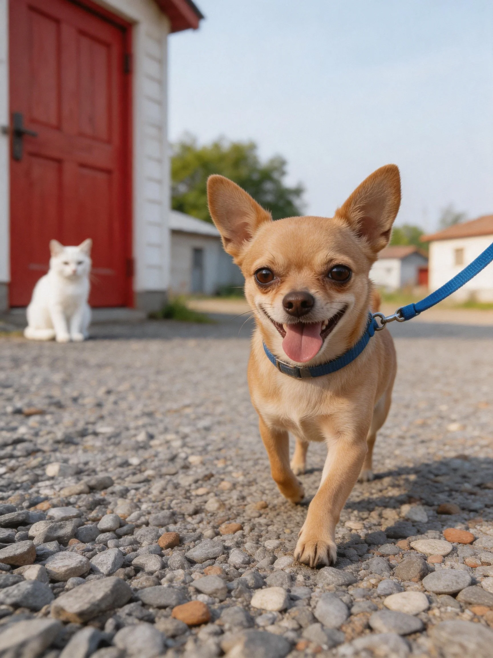 Tan Chihuahua walks on gravel beside white cat near red-door building