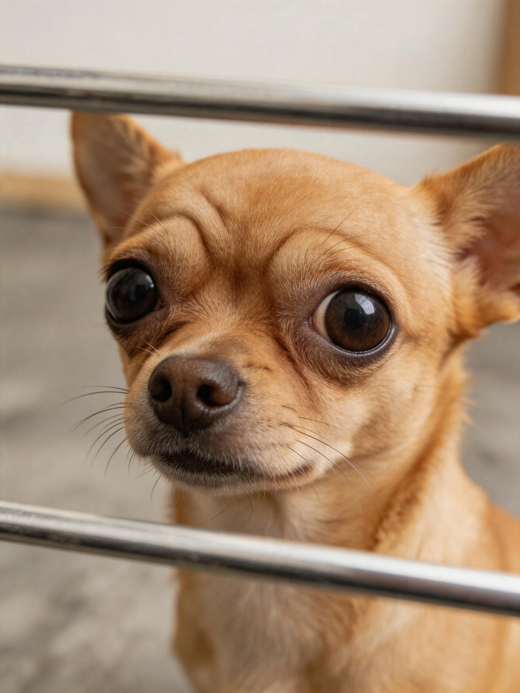 A tan Chihuahua with large eyes looks through metallic bars.