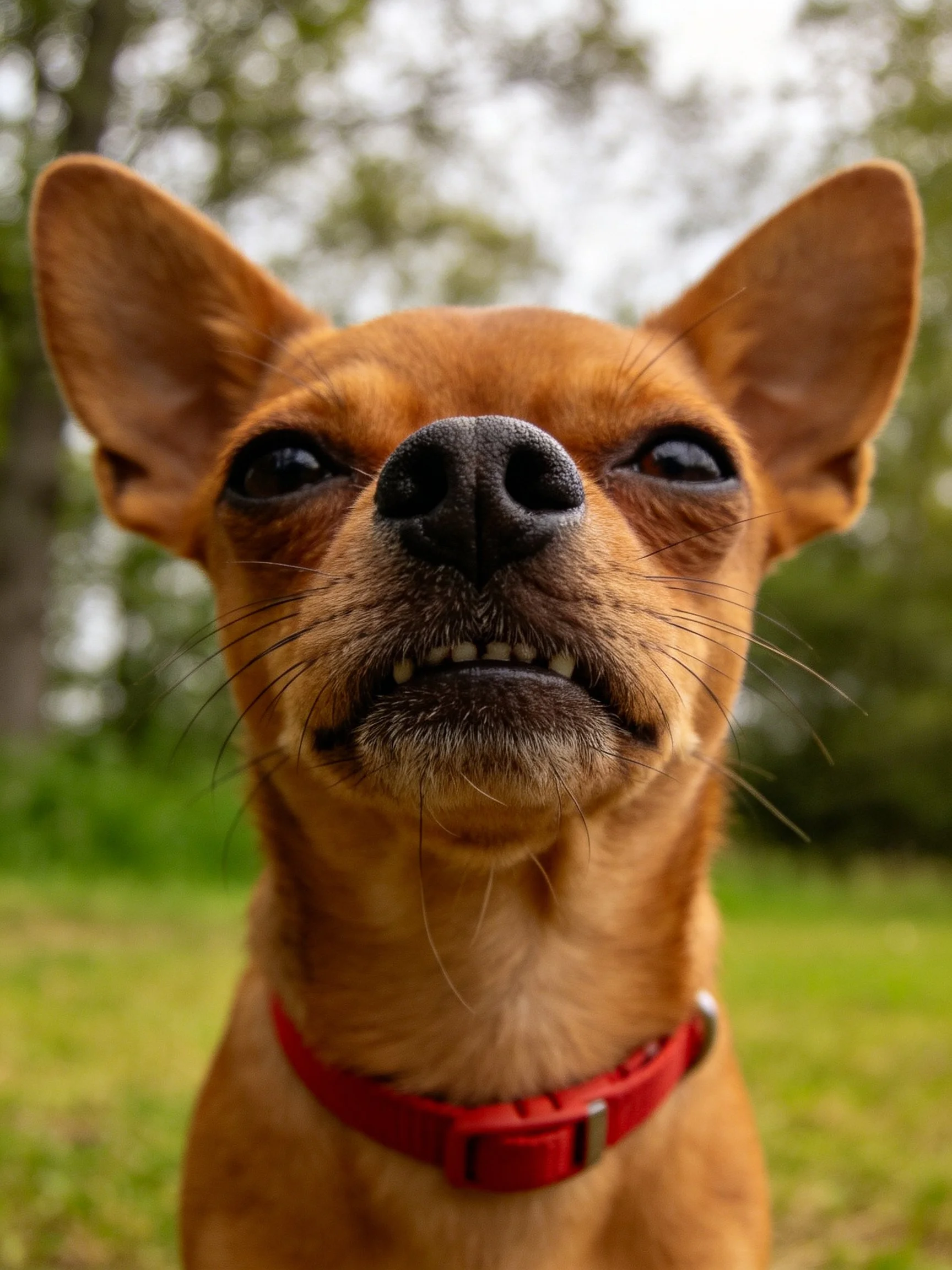 A tan Chihuahua with a red collar is shown in an outdoor area with greenery.