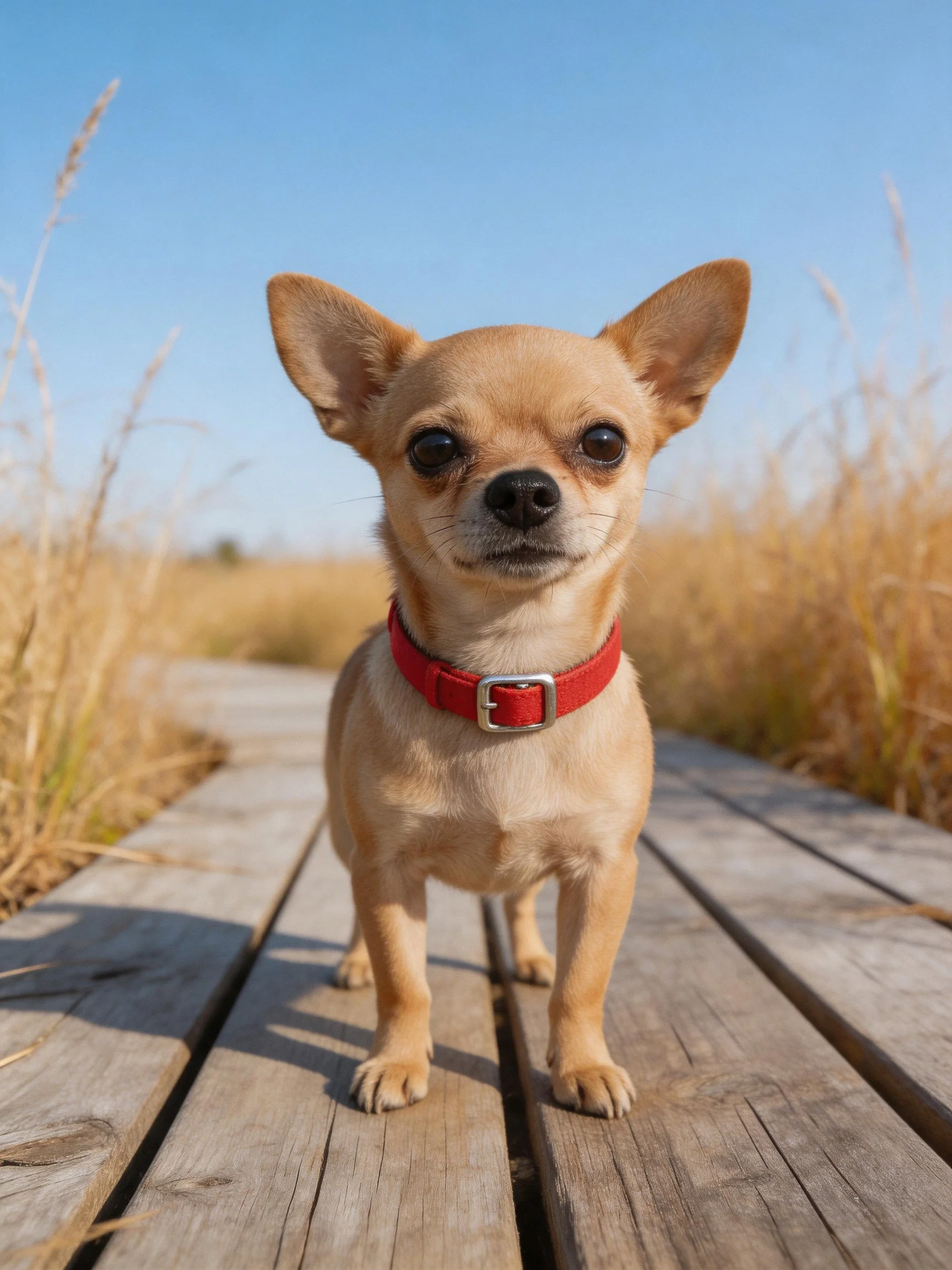 A tan Chihuahua with a red collar stands on a wooden boardwalk.