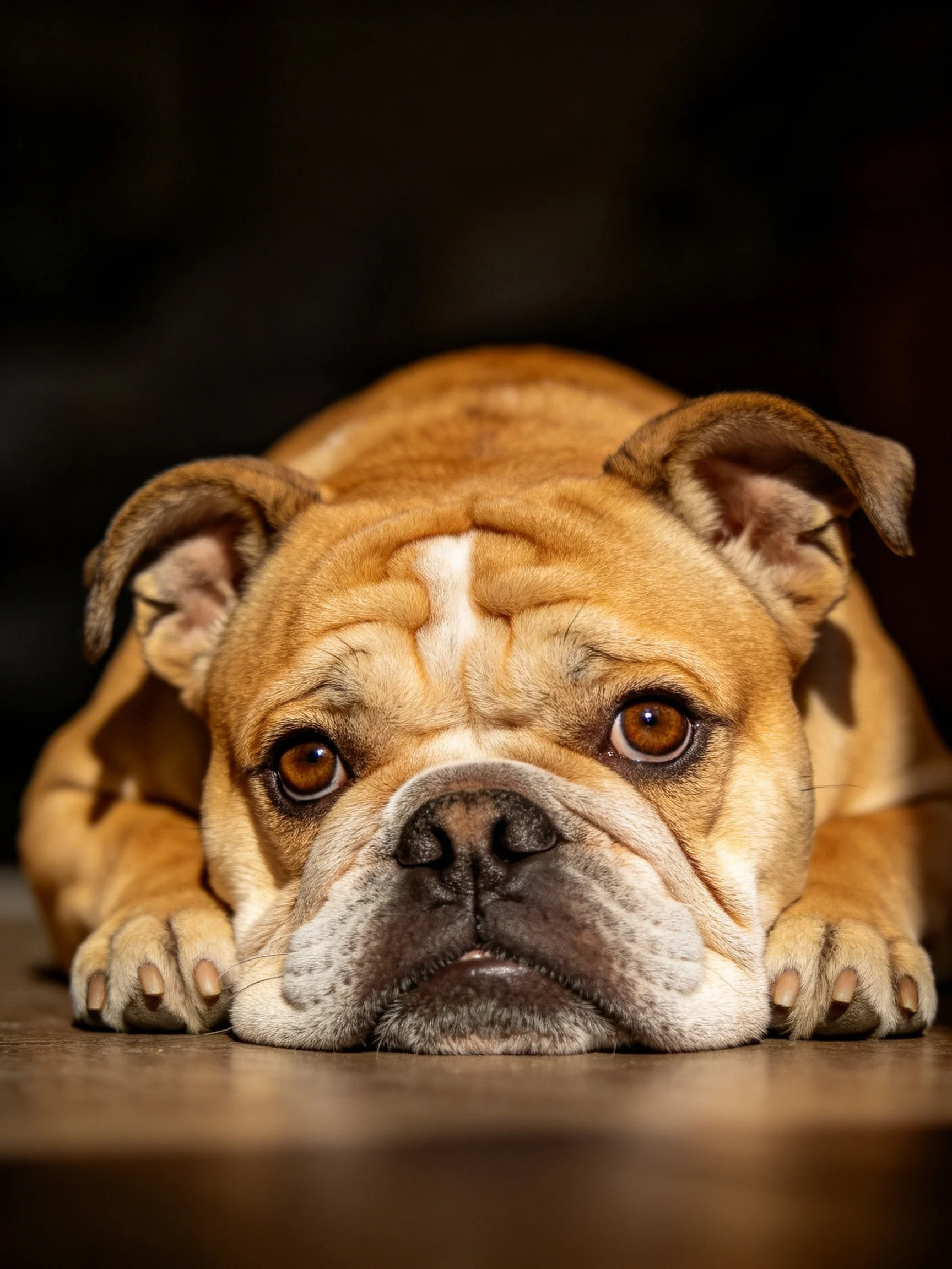 Tan English Bulldog resting on a wooden surface with soft lighting