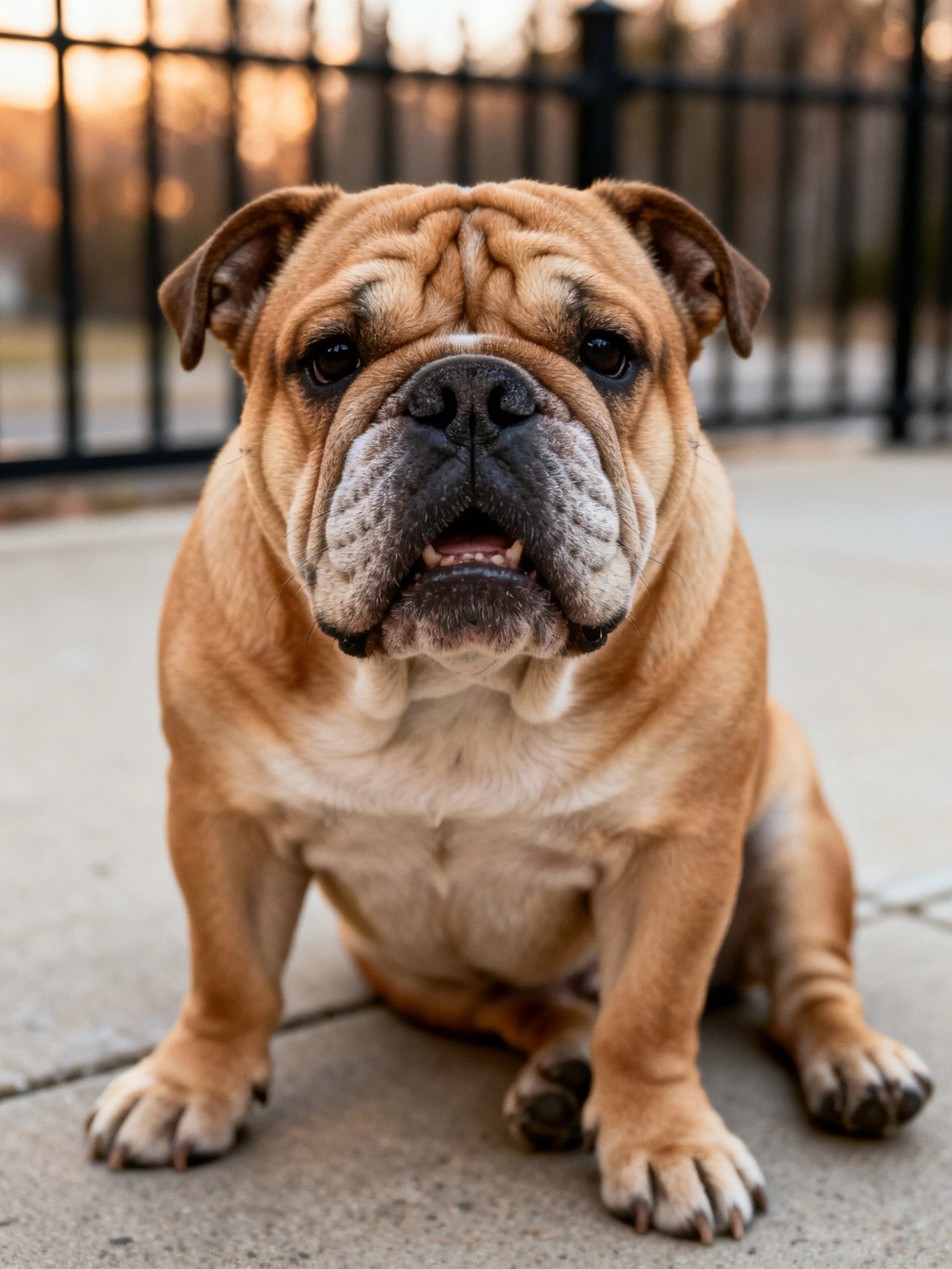 Tan English Bulldog sits calmly on concrete near black fence