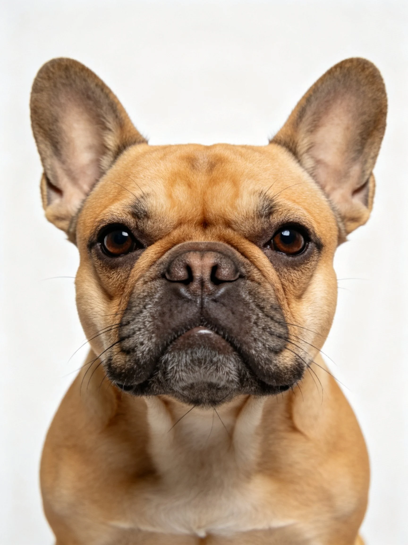 Close-up portrait of a tan French Bulldog showcasing distinct facial traits.