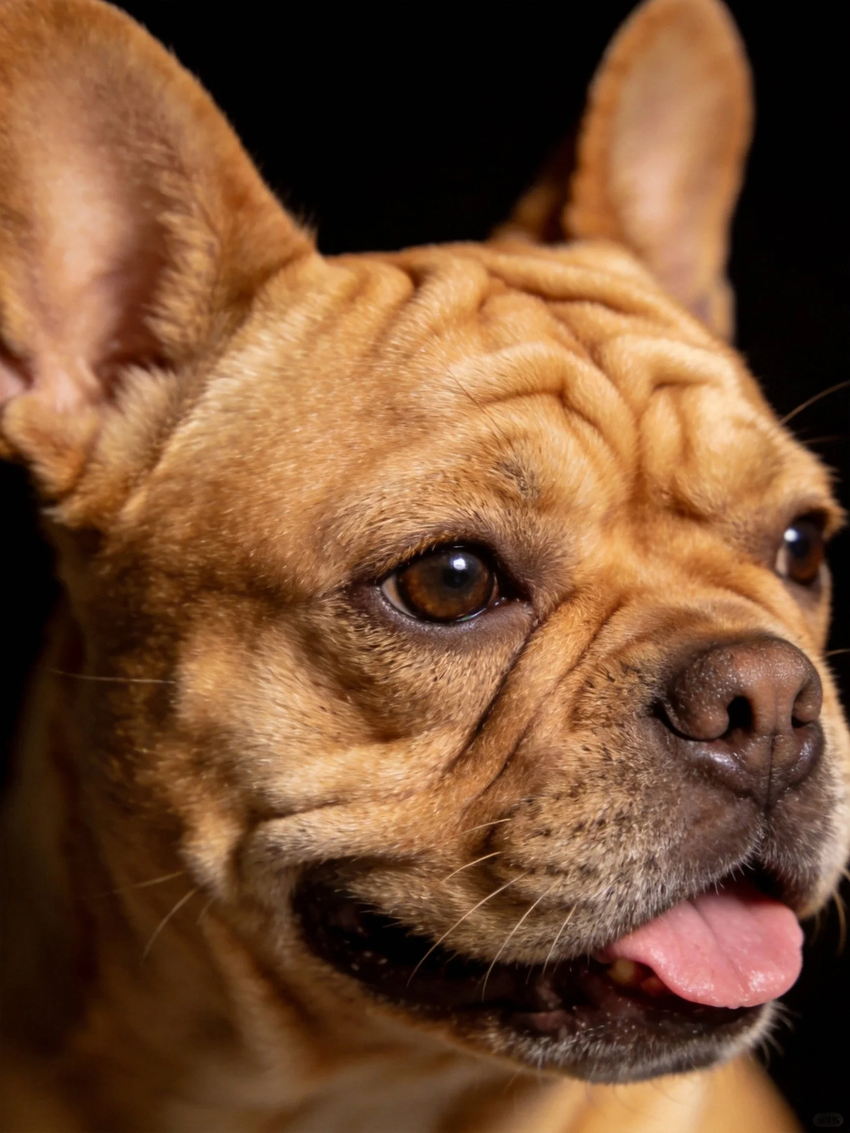 Tan French Bulldog with upright ears and textured wrinkles