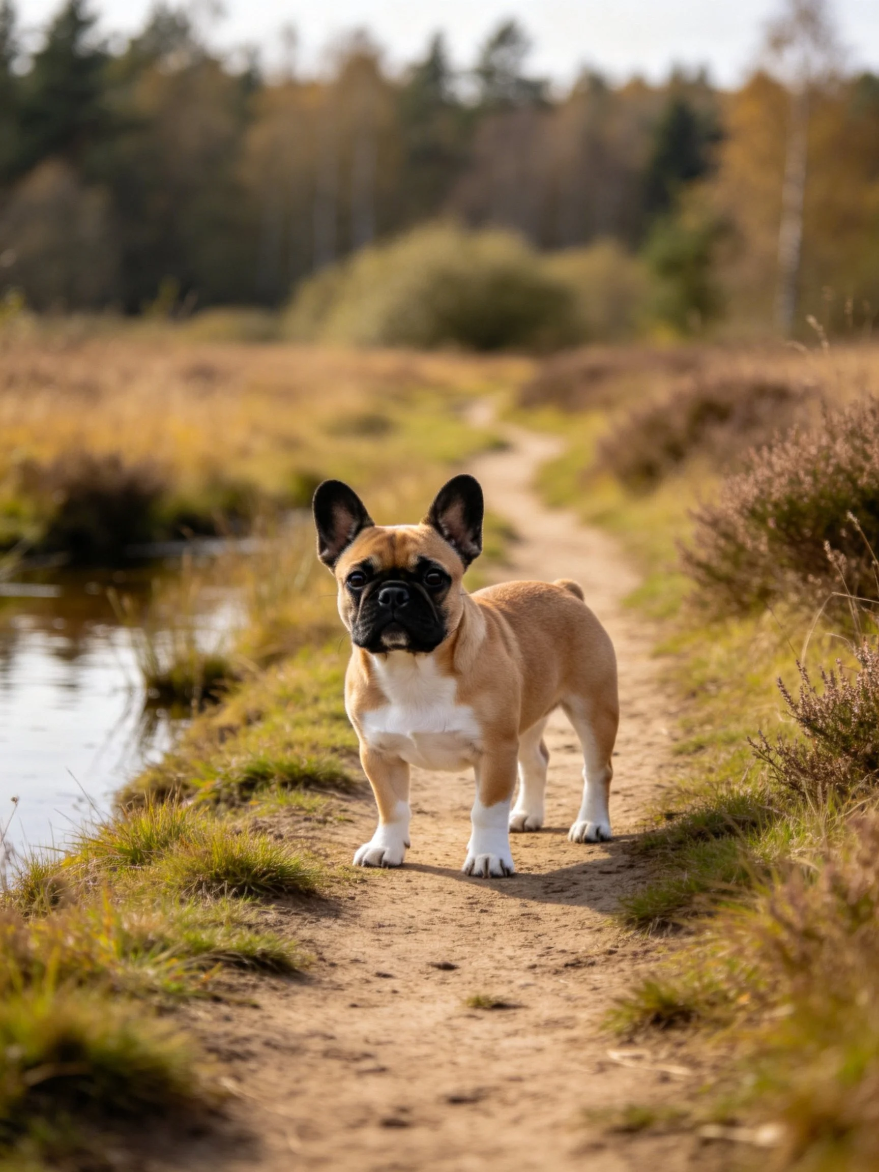 A tan French bulldog stands on a dirt path by a stream in a natural setting.