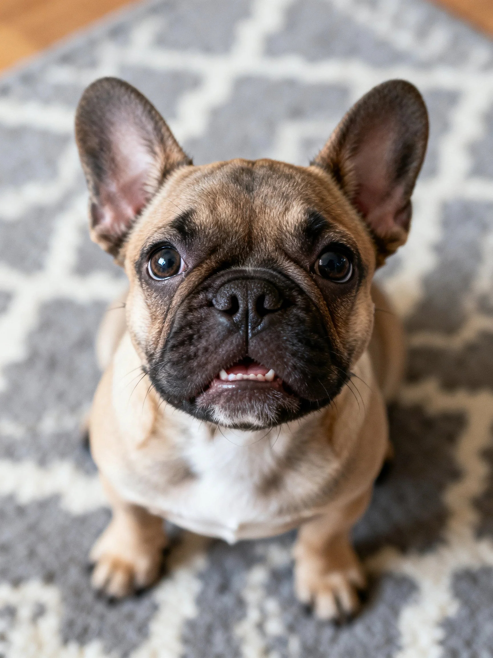 A tan French bulldog puppy sits on a patterned rug, gazing upward.
