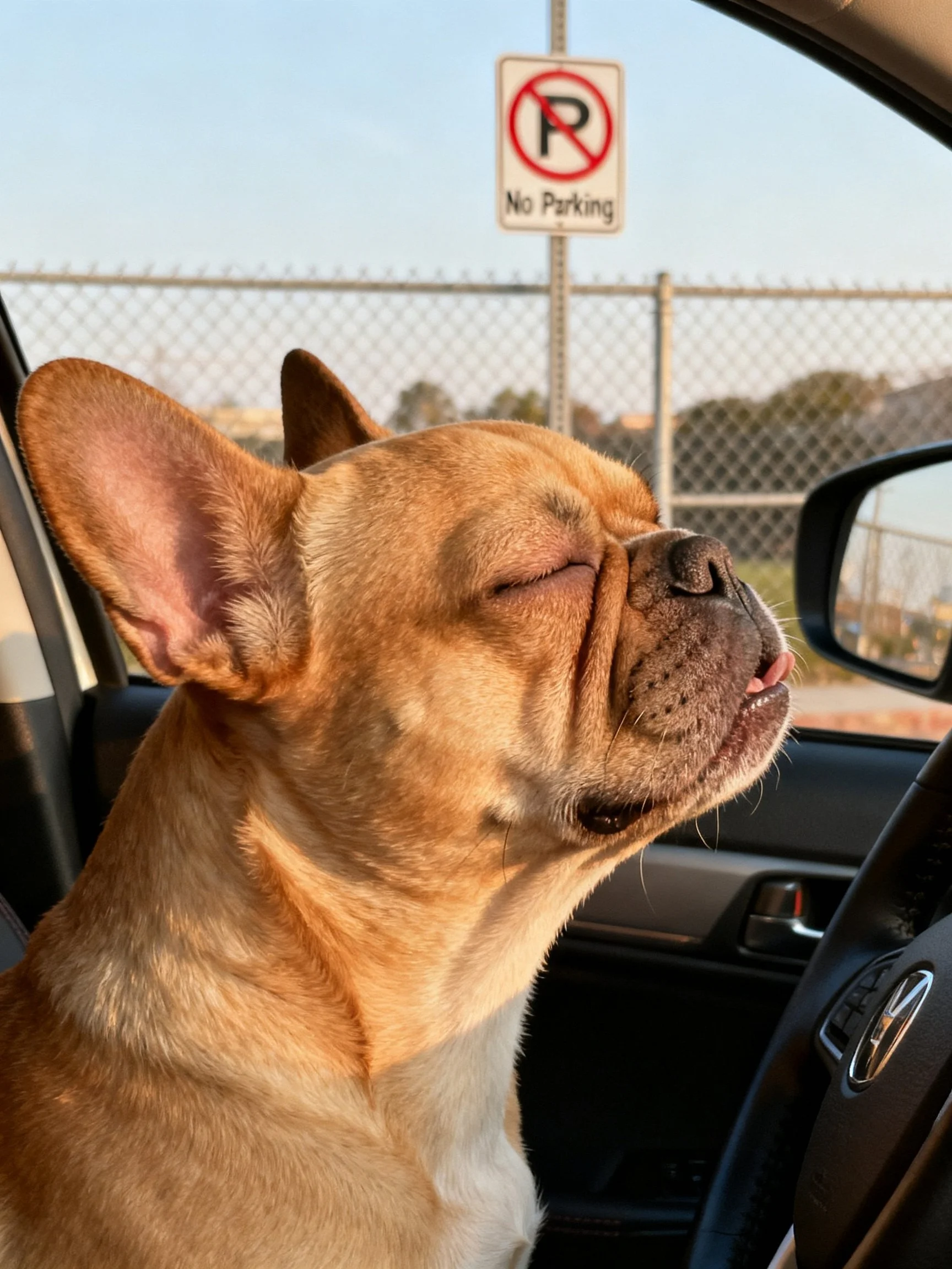 Tan French bulldog relaxes in car near No Parking sign