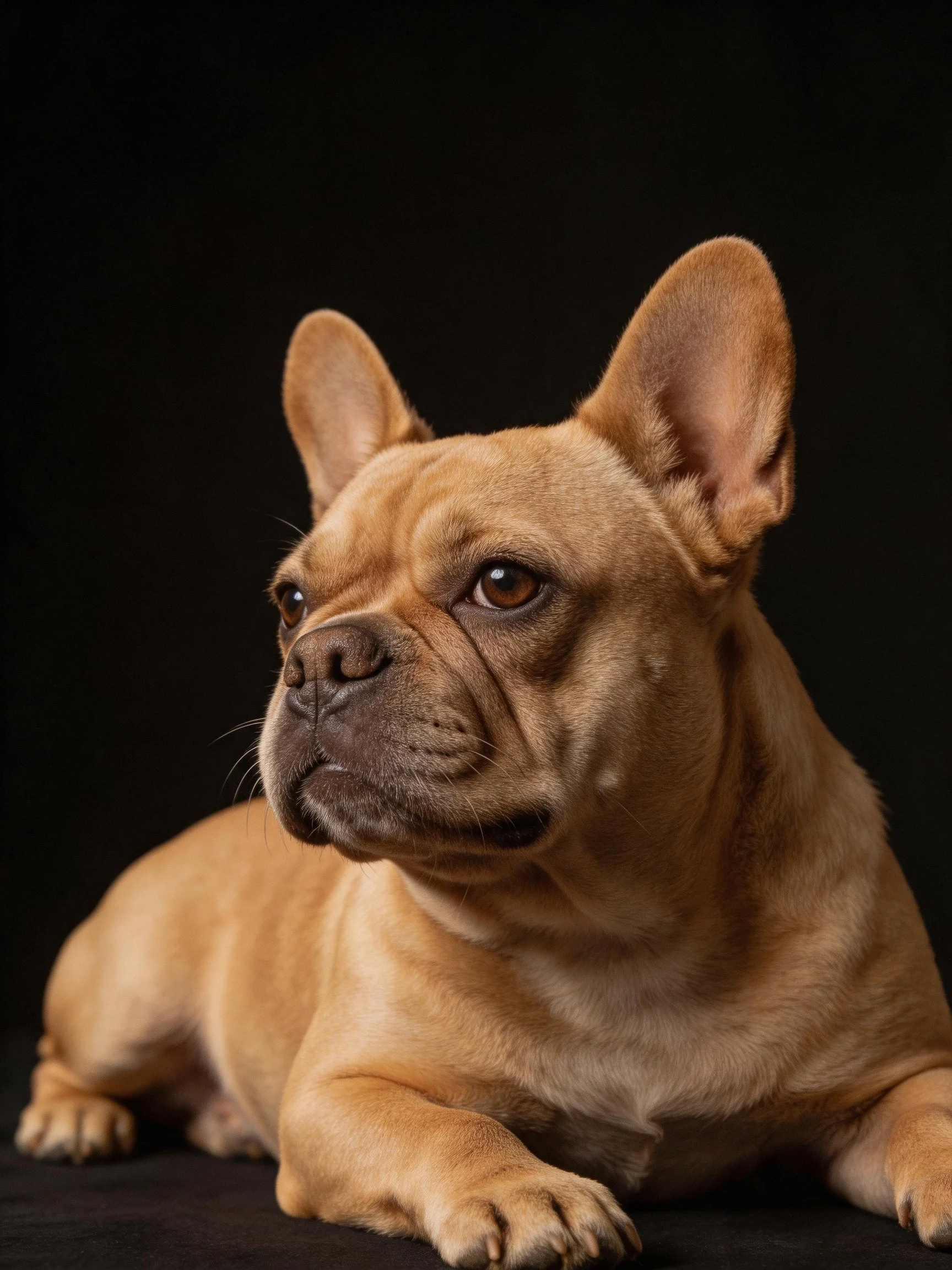 A tan French bulldog rests calmly against a black backdrop.