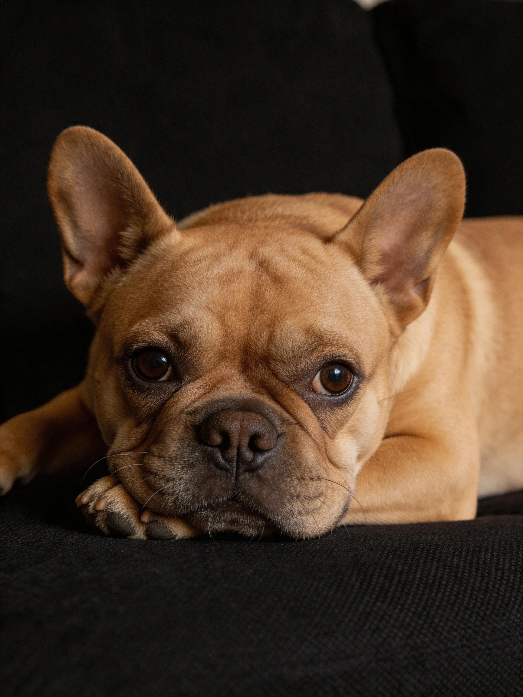 A tan French bulldog rests on a dark couch, gazing toward the viewer.