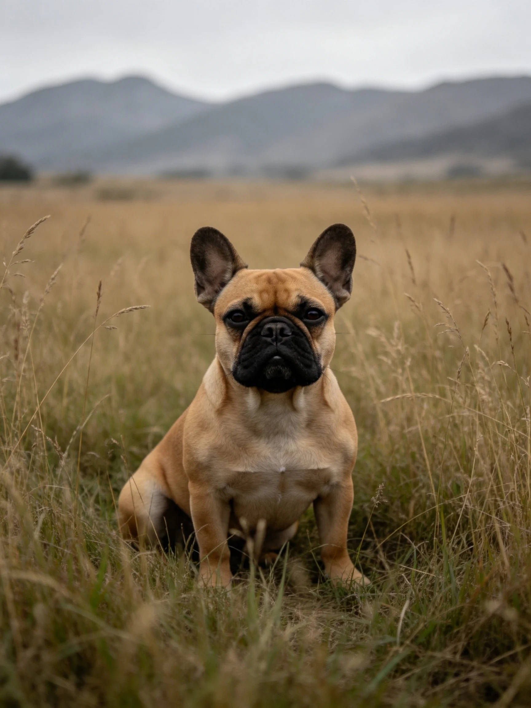 A tan French bulldog sits in a field of tall grass with mountains in the background.
