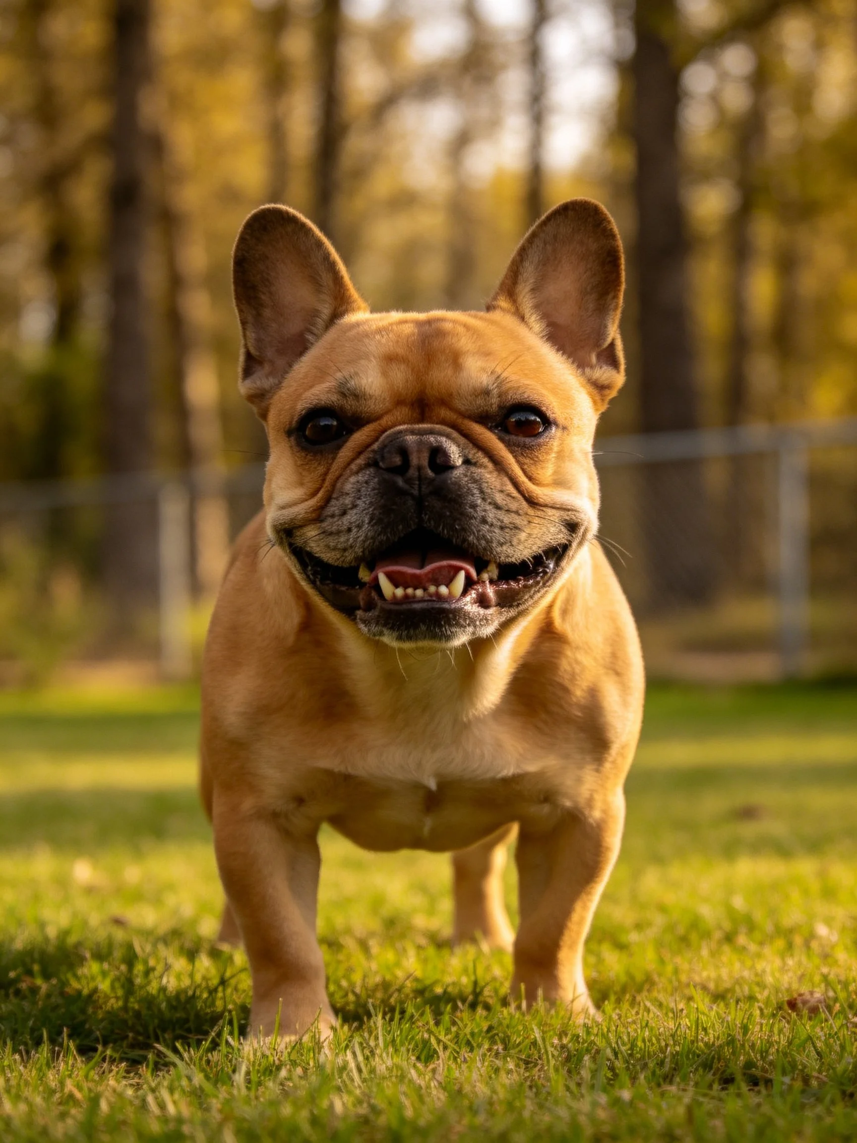 A tan French bulldog stands on grass in a tree-filled outdoor area.