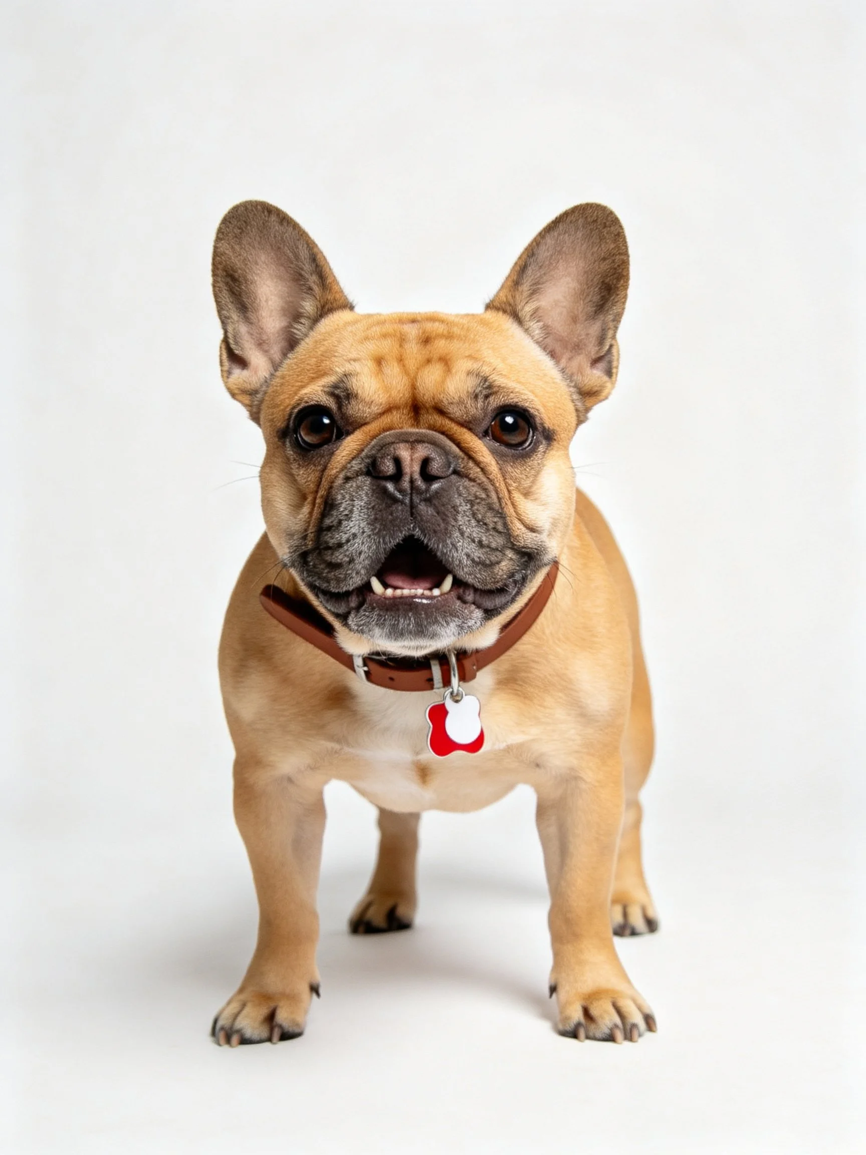 A tan French bulldog with a brown collar stands on a white background.
