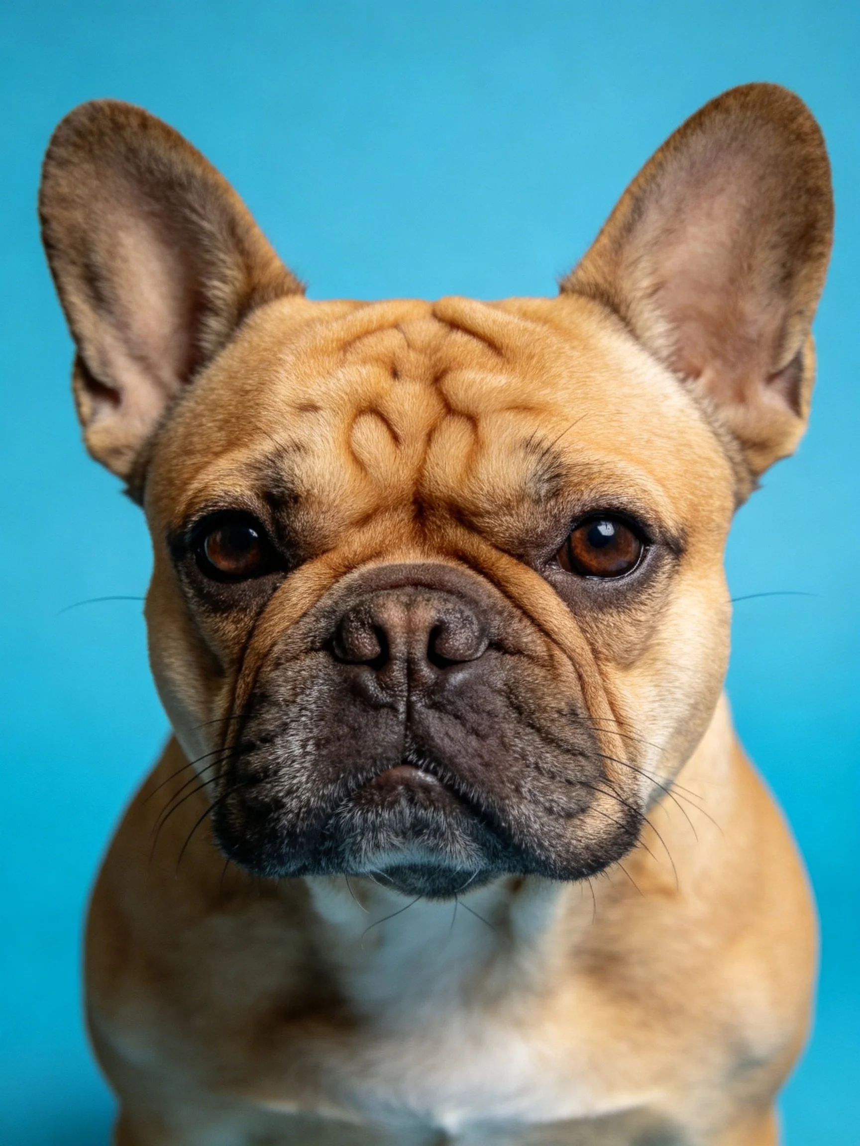 Tan French bulldog with dark snout against bright blue backdrop