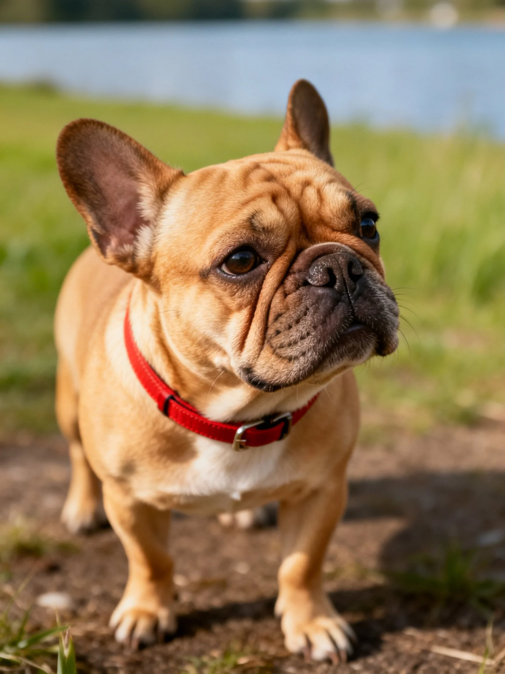 A tan French bulldog with a red collar stands near water in an outdoor area.
