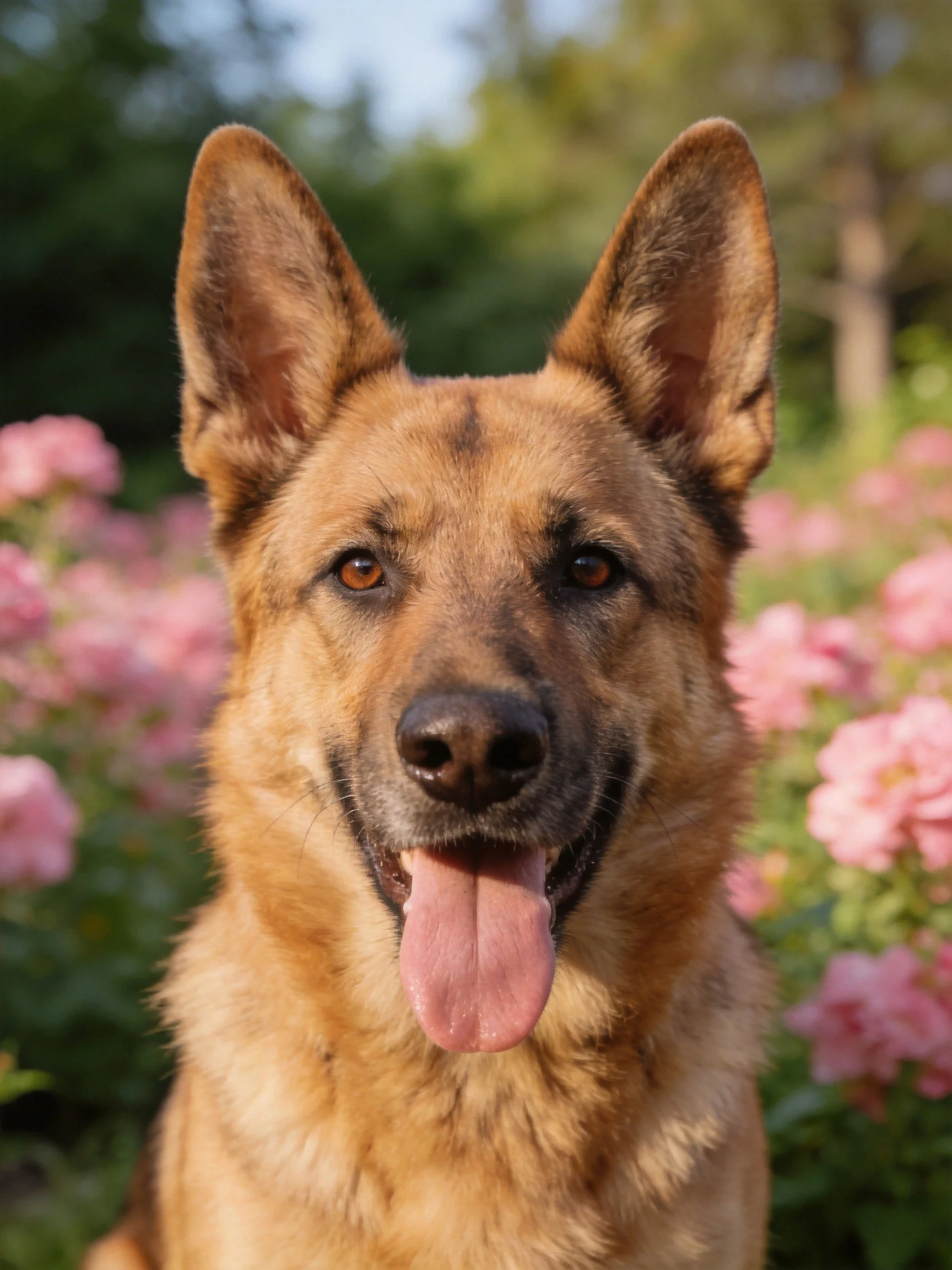 A tan German Shepherd stands among pink flowers in a sunlit outdoor setting.