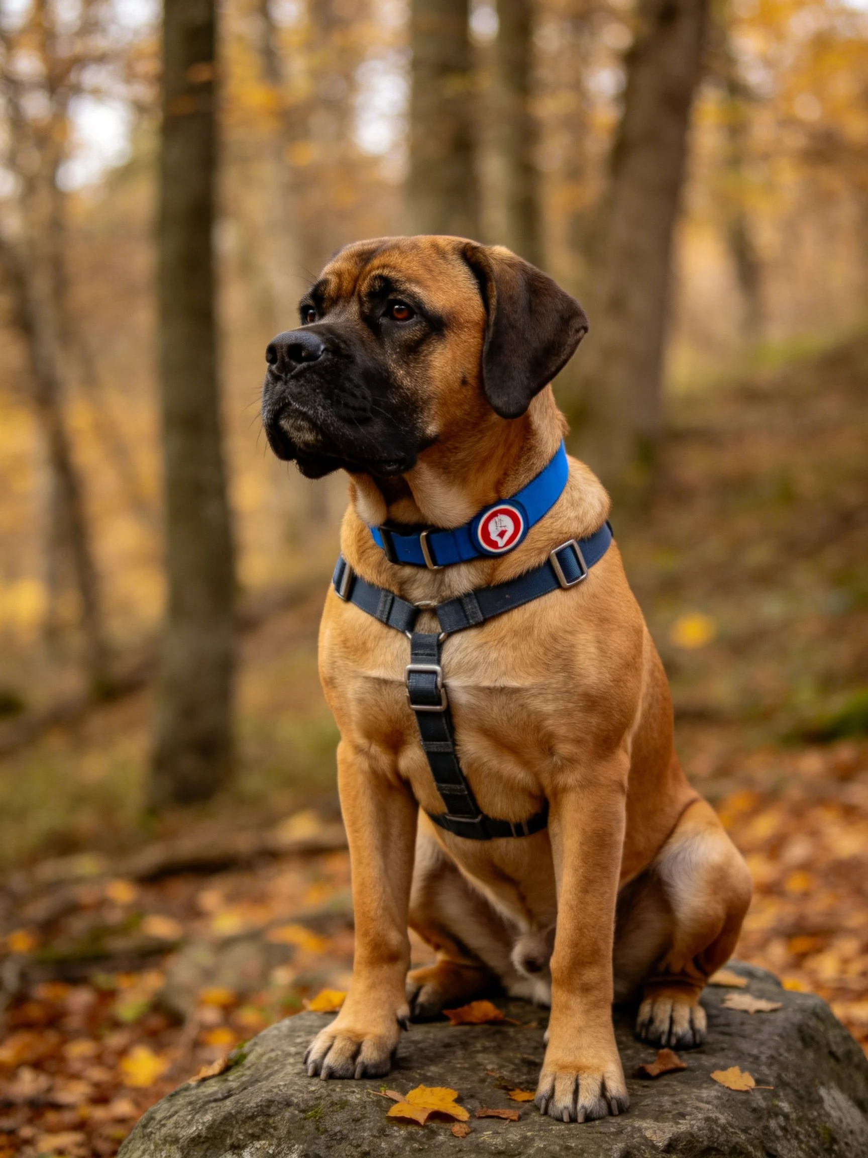 Tan Mastiff dog with blue harness sits on rock in autumn forest